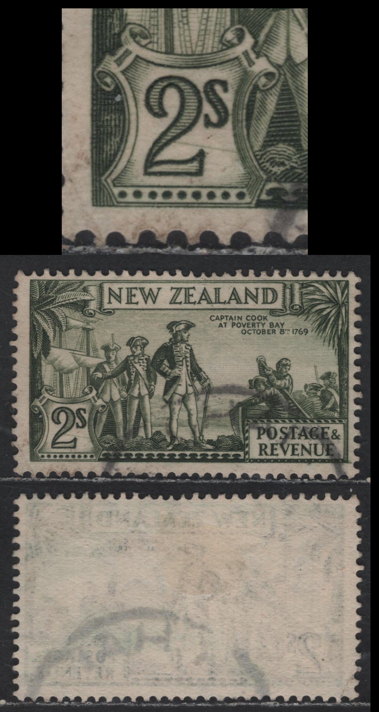 New Zealand SG#589var 2/- Olive Green Capt. Cook, 1936-1942 Pictorial Issue, A Fine Used Single, Multiple Wmk, Showing Diagonal Scratch From Left '2' To Edge Of Value Tablet