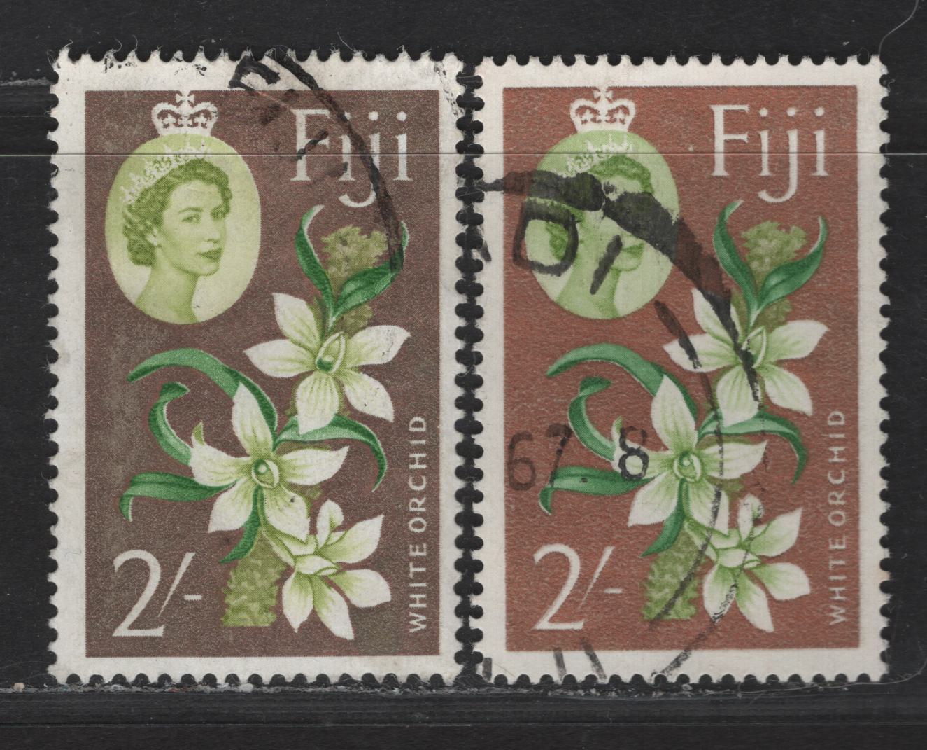 Fiji SG#319-a 2/- Yellow Green, Green & Copper - Apple Green, Green & Copper White Orchid, 1962-1967 QE II Pictorial Definitive Issue, 2 Very Fine Used Singles, 1962 & 1967 Printings