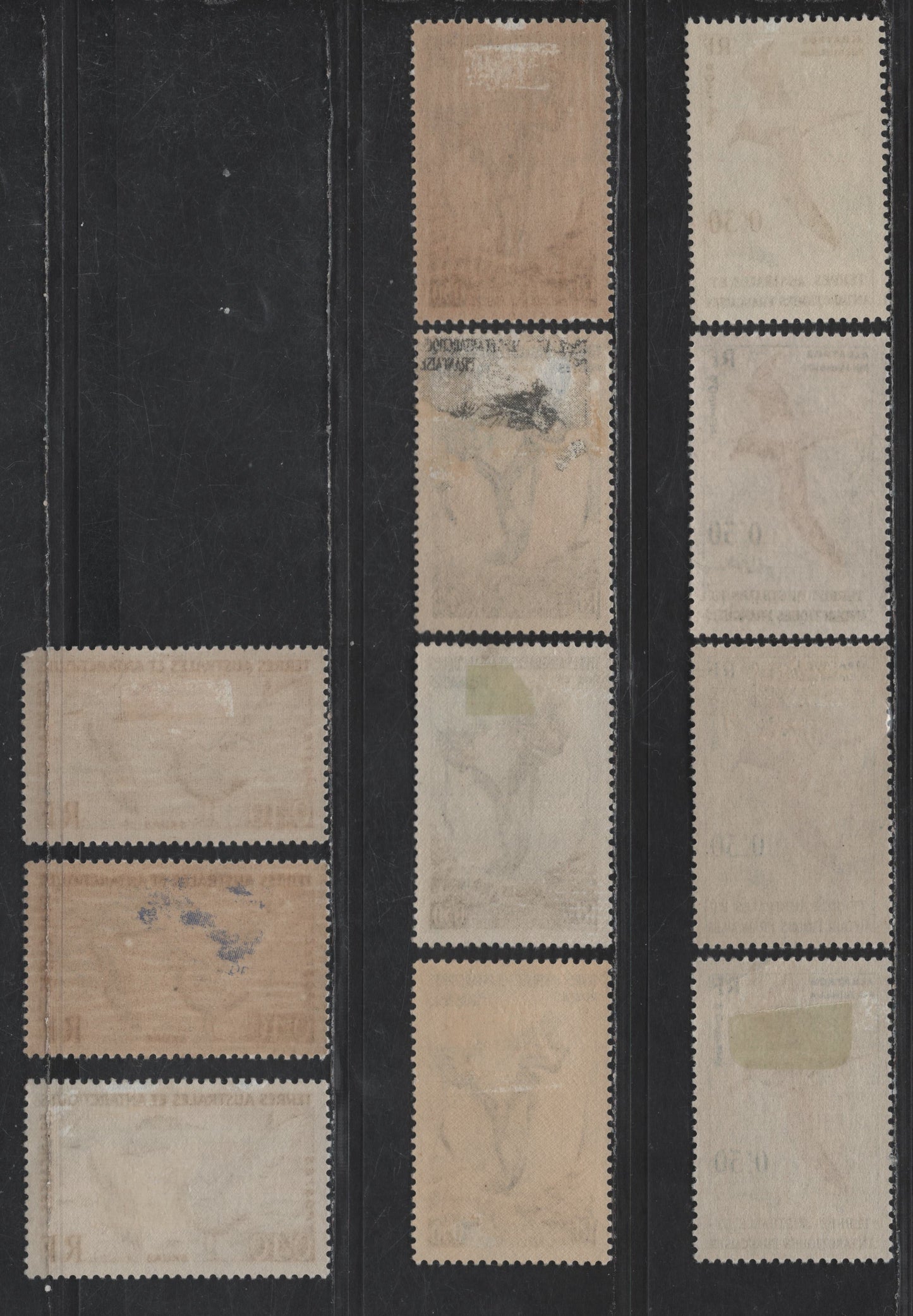 Lot 116 French Southern Antarctic Territory SC#1-3, 12-13 50c - 40c Dark Blue, Sepia & Yellow - Black, Dull Red Brown & Blue Rockhopper Penguins - Light-Mantled Sooty Albartoss, 1956-1959 Pictorial Issues, 11 VFOG Singles, Paper & Shade Variations