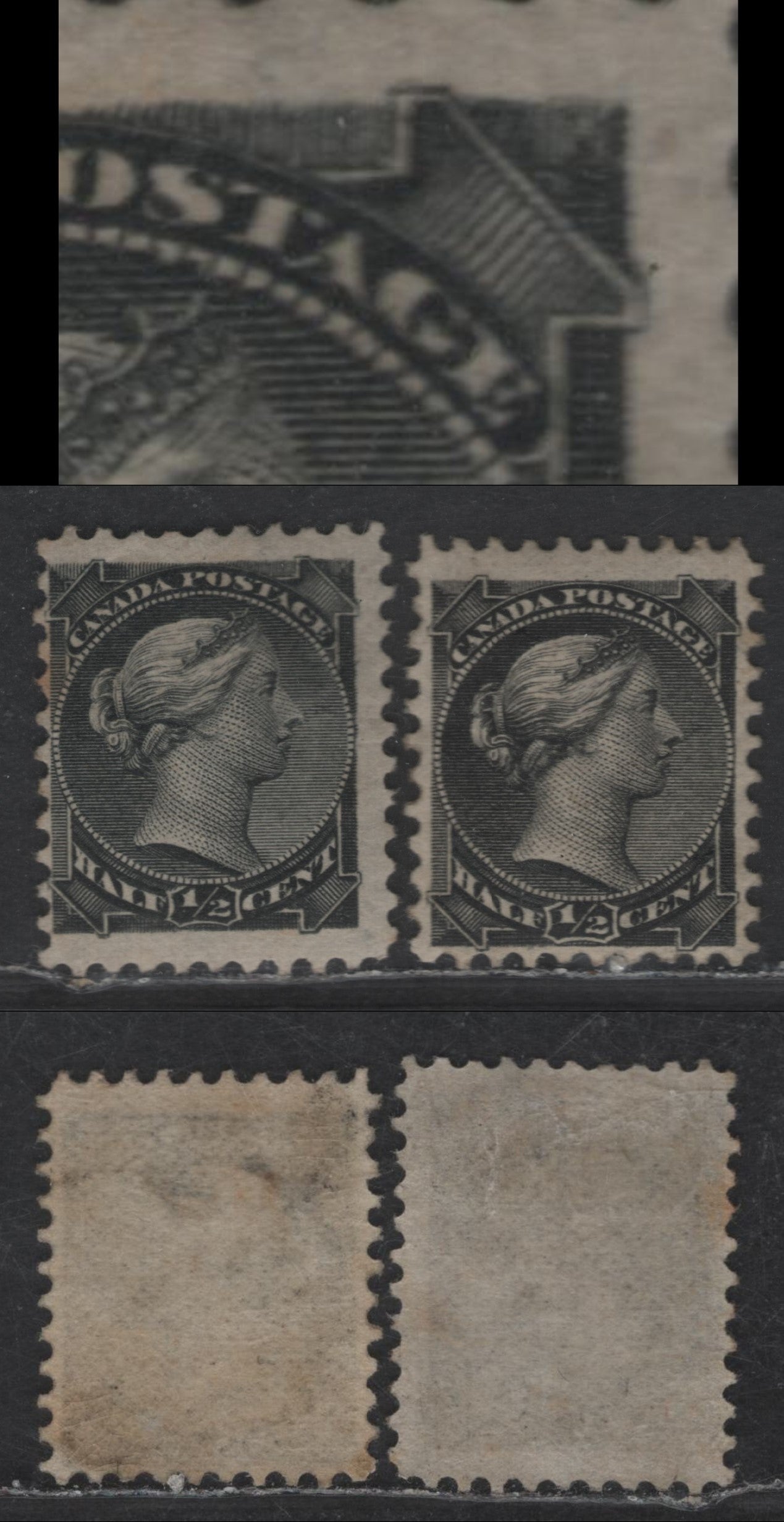 Lot 194 Canada #34 1/2c Silver Black & Black Queen Victoria, 1870-1893 Small Queen Issue, 2 FOG/FPOG Singles, Perfs 12.1x12 & 12, Non-Porous Horizontal Stout Wove Coarse Mesh Paper (LM-A), No Plate Position Or Medallion Dots