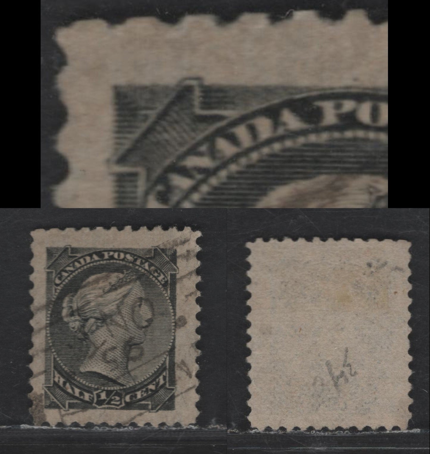 Lot 212 Canada #34ivar 1/2c Gray Black Queen Victoria, 1870-1893 Small Queen Issue, A Fine Used Single, Late Second Ottawa Printing, Paper Type 2O-G (See Body), Re-entry of Upper Left Ornament Showing Doubling Of Outer Vertical Lines, Perf 11.9x12