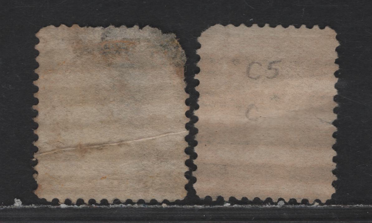 Lot 219 Canada Walburn#C35-D (Unitrade #35xx) 1c Yellow Queen Victoria, 1870-1893 Small Queen Issue, 2 Ungraded Used Singles, One Early-Mid Second Ottawa Printing, Other Mid Second Ottawa Printing, Double Style C Precancel, Both Faulty, Sold as Reference