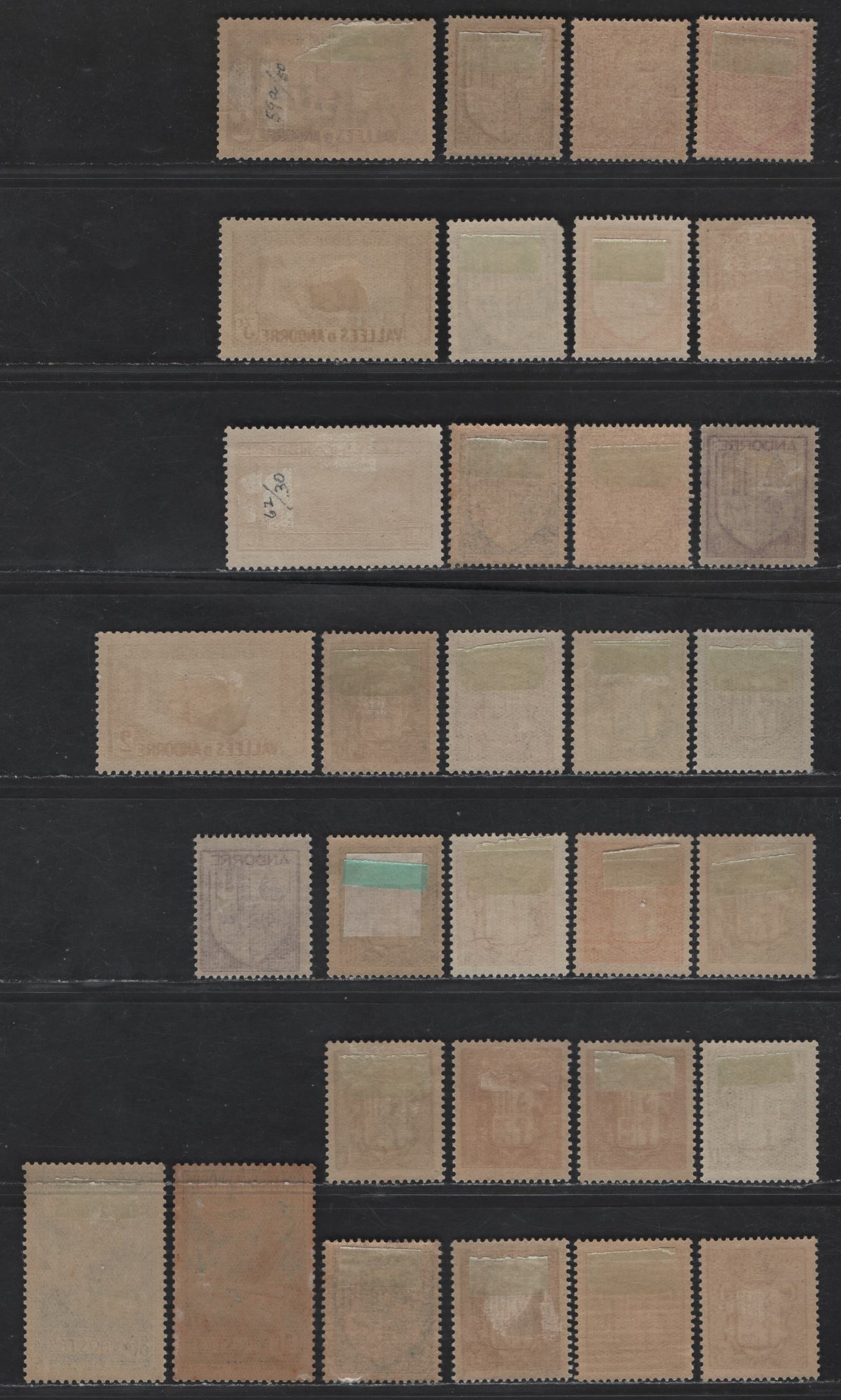 Lot 23 Andorra - French Admin SC#24-25, 46A, 51, 60c, 65-72A, 74-74 2c - 80c Violet - Blue Green Chapel of Meritxell - Coat of Arms, 1932-1944 Pictorial Definitives & Arms Issues, 32 F/VFOG Singles, Plus Additional Shades