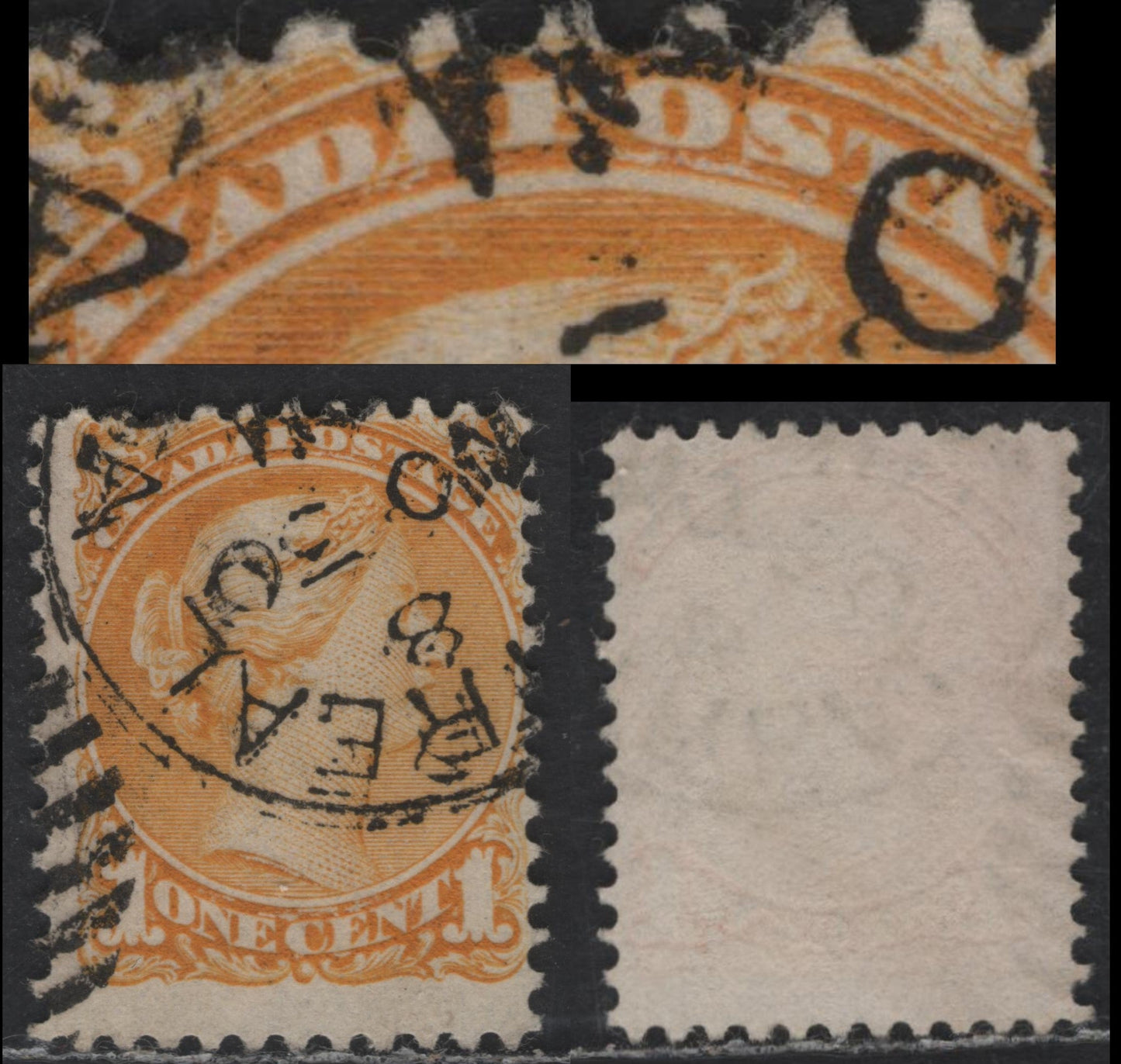 Lot 231 Canada #35ivar 1c Dull Yellow Queen Victoria, 1870-1893 Small Queen Issue, A Fine Used Single, Late Montreal Printing, Paper Type LM-D (See Body), Showing White Flaw Under 'ST' of Postage, Perf 12.1x12.2