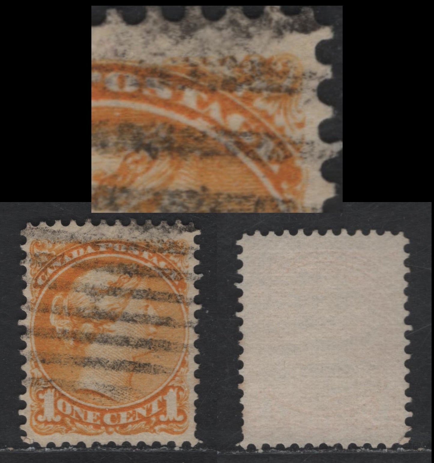 Lot 241 Canada #35ivar 1c Yellow Queen Victoria, 1870-1893 Small Queen Issue, A Fine Used Single, Late Montreal Printing, Paper Type LM-C (See Body), Perf 12.1x12.2, Showing White Printing Flaw Under 'A' & Between 'AG' Of Postage