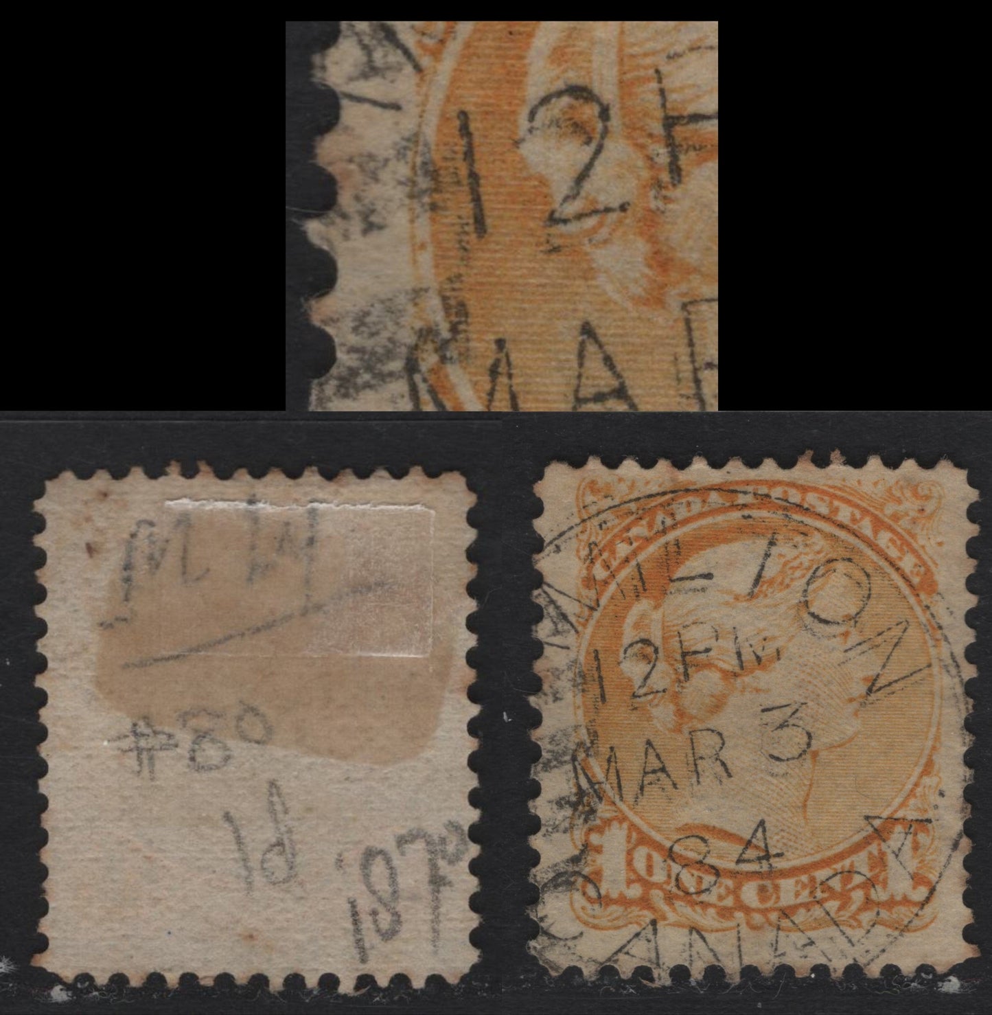 Lot 251 Canada #35i 1c Pale Dull Yellow Queen Victoria, 1870-1893 Small Queen Issue, A Fine Used Single, Late Montreal Printing, Paper Type LM-A (See Body), Perf 12.1x12, Clear Medallion Dot at 9'Oclock & March 3 Hamilton CDS Cancel