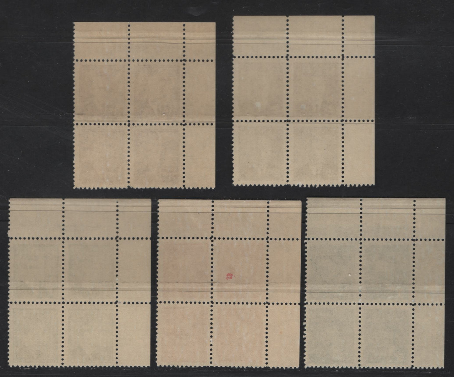 Lot 288 Canada #284-288 1c - 5c Green - Deep Blue King George VI, 1949 Postes-Postage Issue, 5 VFNH Plate Blocks Of 4, Plates 8 (1c), 3 (2c), 12 (3c), 6 (4c) & 1 (5c)