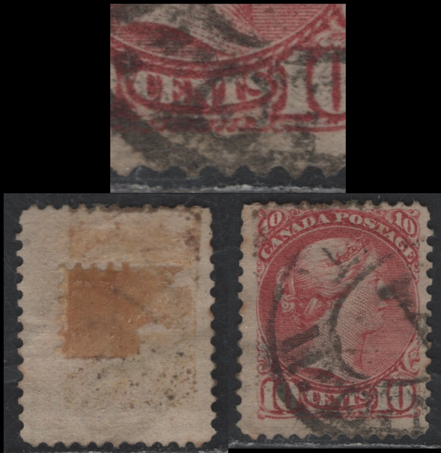 Lot 311 Canada #45avar 10c Deep Rose Queen Victoria, 1870-1897 Small Queen Issue, A VG Used Single Late Second Ottawa Printing, Medium Porous Horizontal Wove (2O-E), Perf. 12 x 12.1, Minor Re-Entry With Doubling Of The Oval Below "Cents"