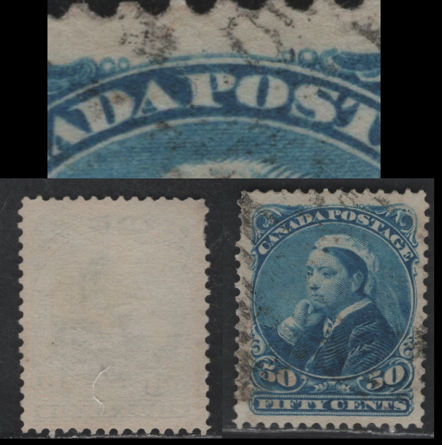 Lot 319 Canada #47i 50c Blue Queen Victoria, 1870-1897 Small Queen Issue, A VF Used Single Late Second Ottawa Printing On Soft, Porous Horiziontal Wove With Fine Mesh & Smooth Finish (2O-I), Perf. 12, Major Re-Entry In Top Frameline