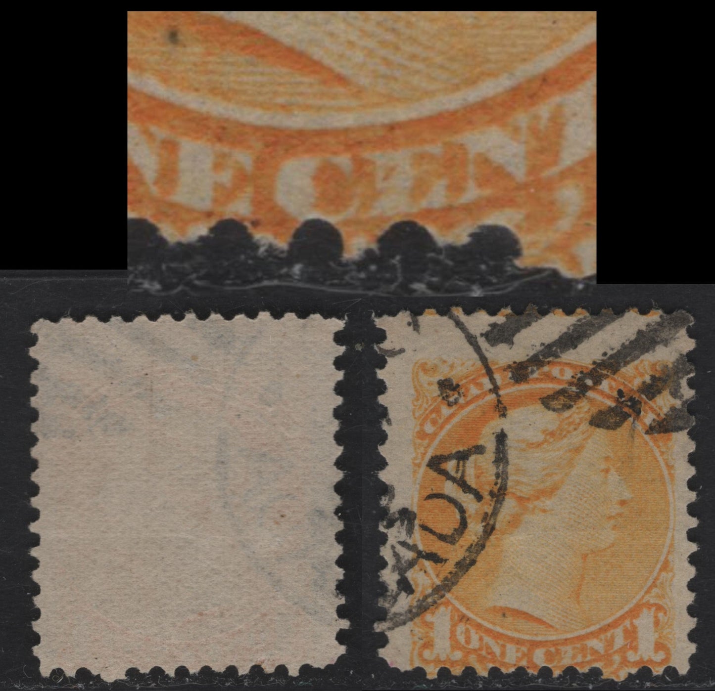 Lot 321 Canada #35 1c Bright Yellow Queen Victoria, 1870-1897 Small Queen Issue, A VG Used Single Early Second Ottawa Printing, Semi-Porous Greyish-White Horizontal Wove (2O-H), Perf 12 x 12.1, Dash Inside "E" Of Cent, This Is The Only Example I Found