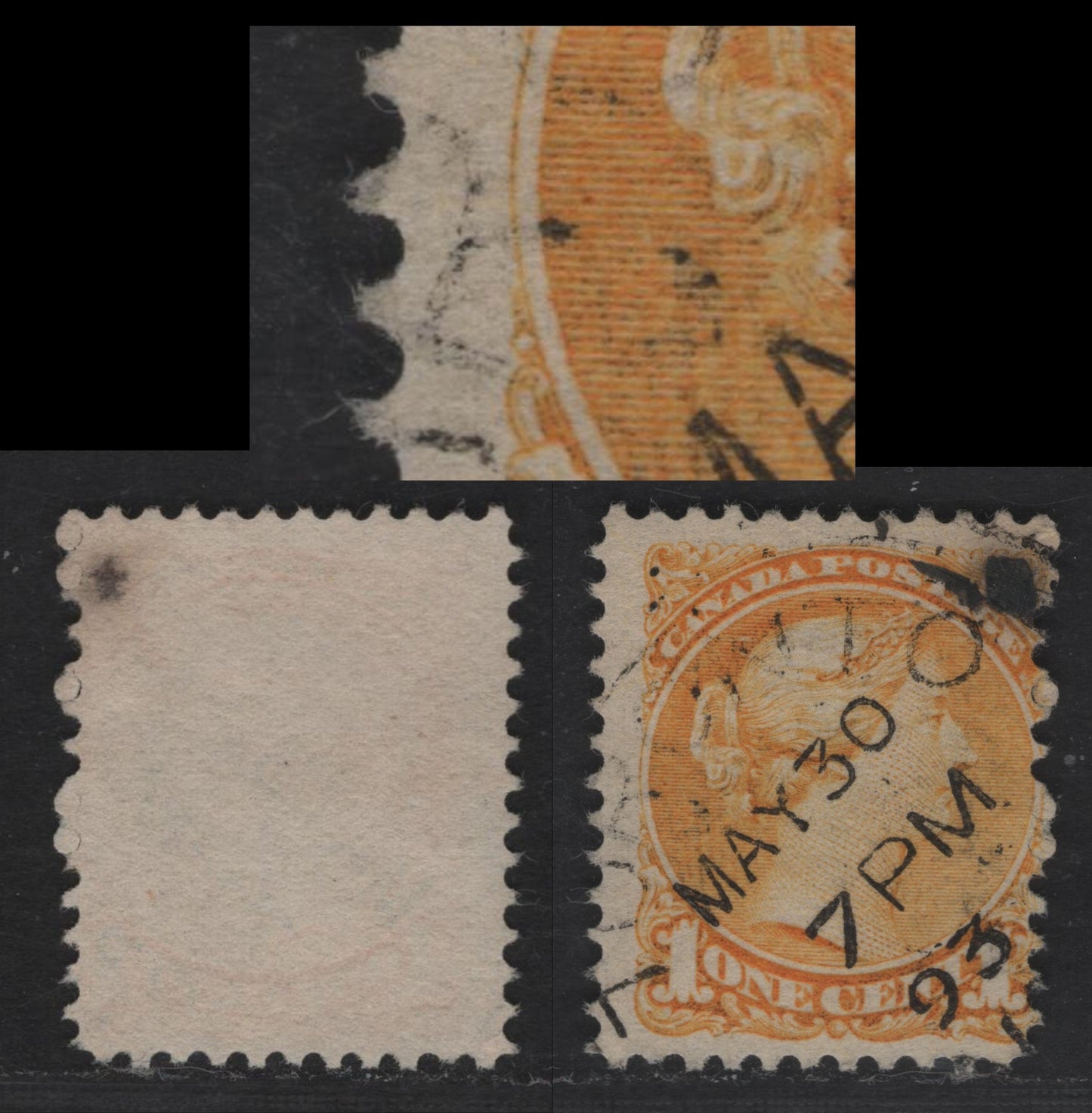 Lot 331 Canada #35 1c Yellow, A Fine Used Single Mid Second Ottawa Printing, Porous Medium Horizontal Mesh Paper (2O-E), Perf. 12 x 12.2, Showing Medalion Dot Inside Medalion At 9 O'Clock, Interesting As These Plates Supposedly Do Not Have These Dots