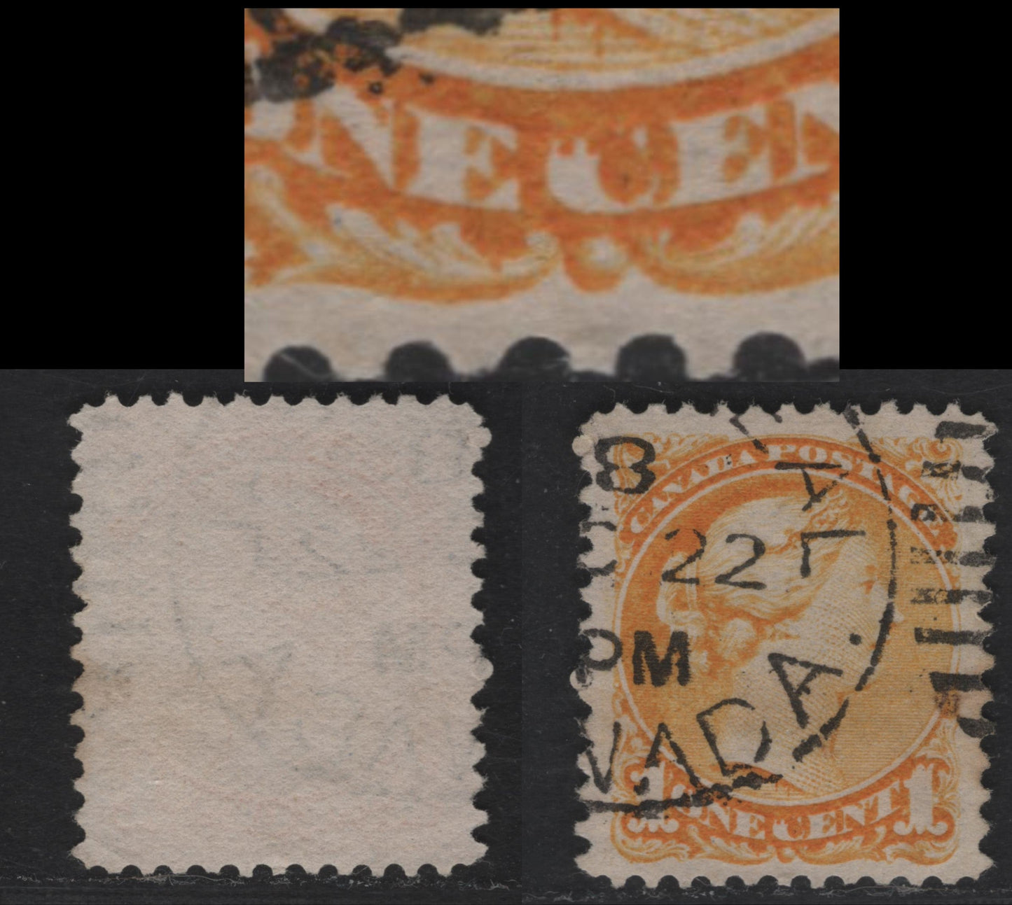 Lot 336 Canada #35var 1c Bright Yellow Queen Victoria, 1870-1897 Small Queen Issue, A VF Used Single Early Second Ottawa Printing, Medium Porous Horizontal Mesh Paper (2O-E), Showing Multiple Dots In "C" Of "Cent", Perf. 12 x 12.1, Lovely Centering