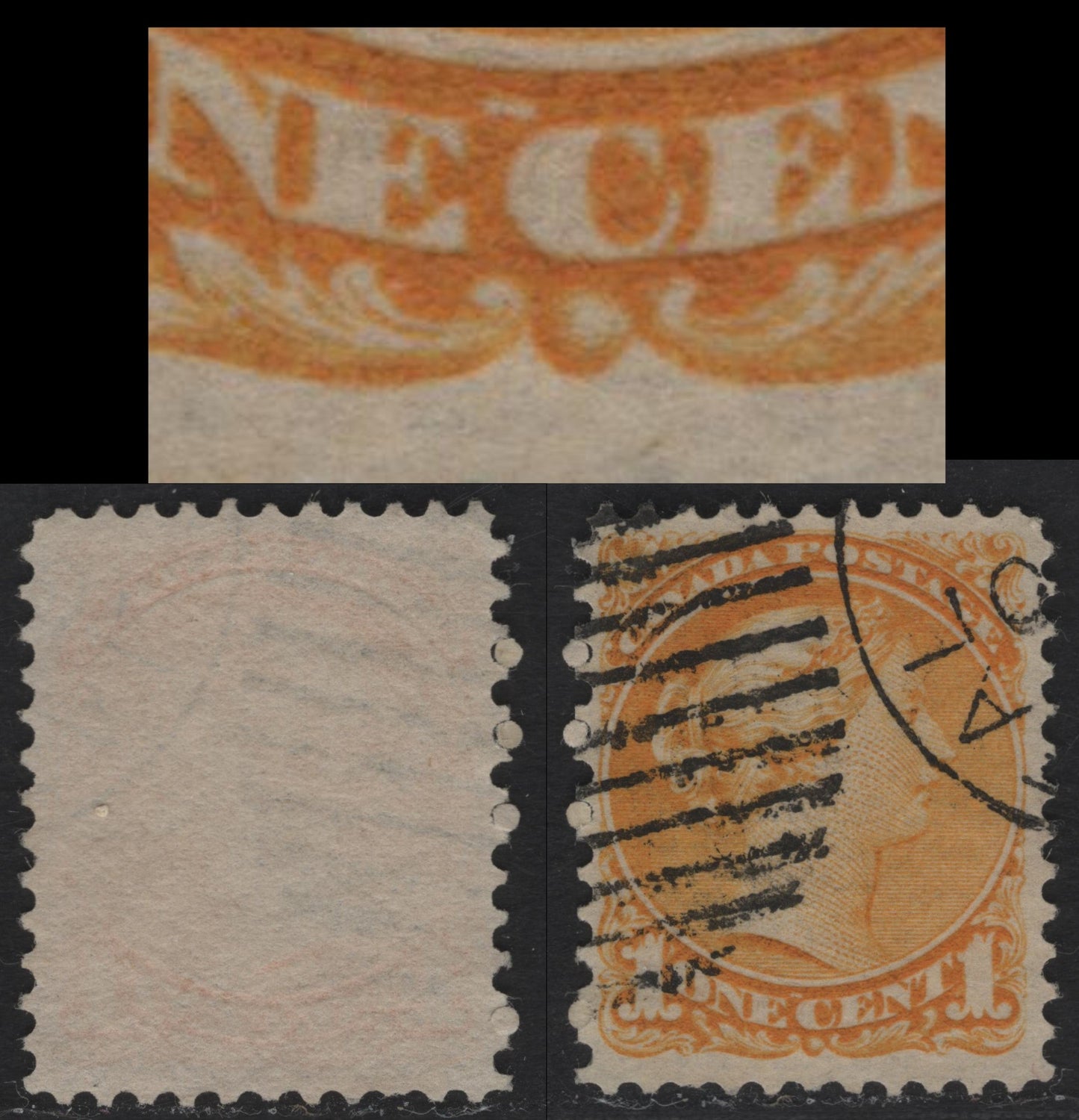 Lot 337 Canada #35var 1c Deep Dull Yellow Queen Victoria, 1870-1897 Small Queen Issue, A VF Used Single Mid-Second Ottawa Printing From New Plates, Medium Porous Horizontal Mesh Paper (2O-E), White Flaw Above "EC" Of "One Cent"
