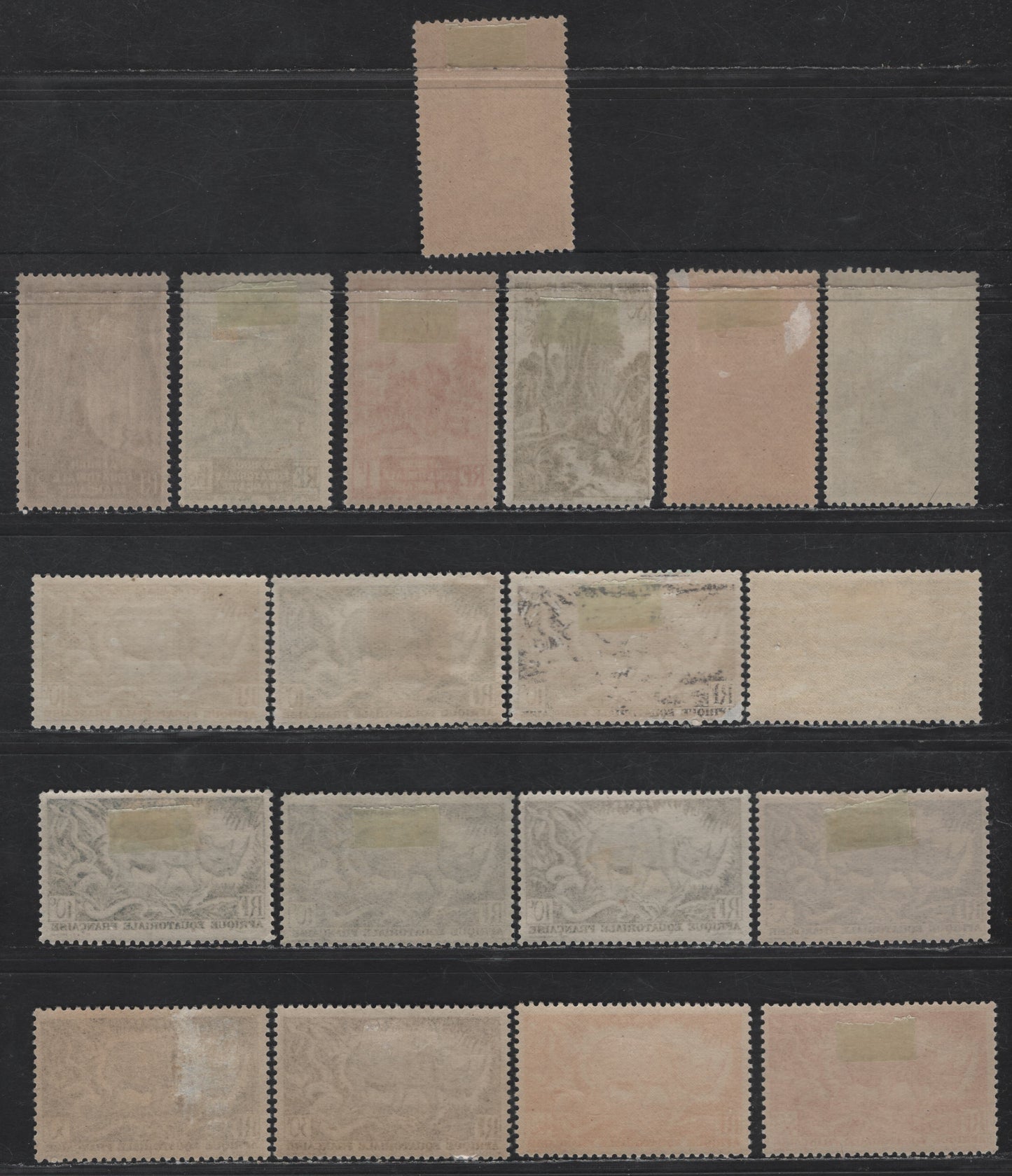 Lot 70 French Equatorial Africa SC#166-172, 174-175, 177 10c - 3.60fr Deep Blue - Red Brown Black Rhino & Rock Python - Gabon Forest, 1946 Pictorial Issue, 19 VFOG Singles, Shade Variations