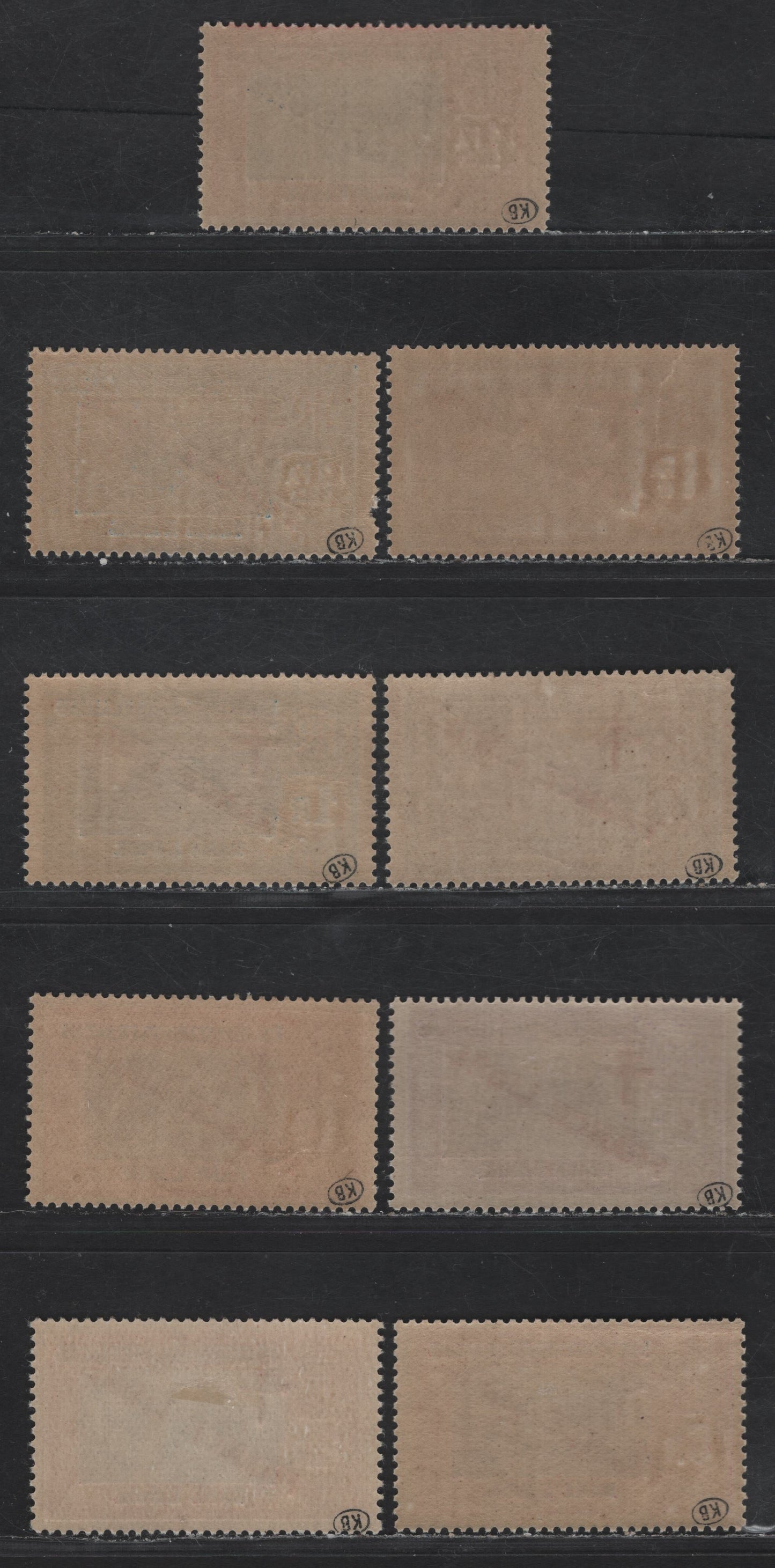 Lot 84 French India SC#166-168, 170-174, 176 1fa16ca - 5r Red & Green - Black & Carmine on Greenish Brahma - Kali Temple, 1942-1943 Overprinted Pictorial Issue, 9 F/VFOG/NH Singles, All Signed Bileski On Back