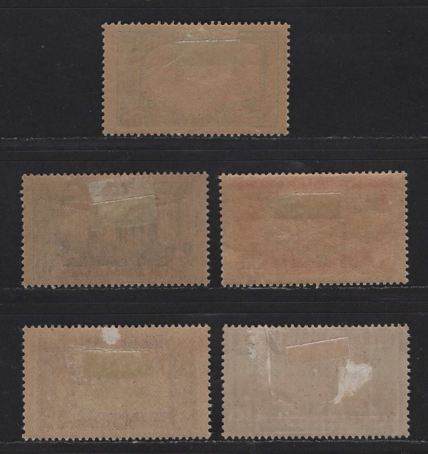 Lot 139 Tunisia SC#C1, C2a, C5-C6, C12 30 on 35c - 1.50fr on 2.55fr Olive Green & Brown - Lilac & Olive Brown Airplanes, 1919-1930 Surcharged Airmail Issue, 5 F/VFOG Singles, Shallow Thin on C12