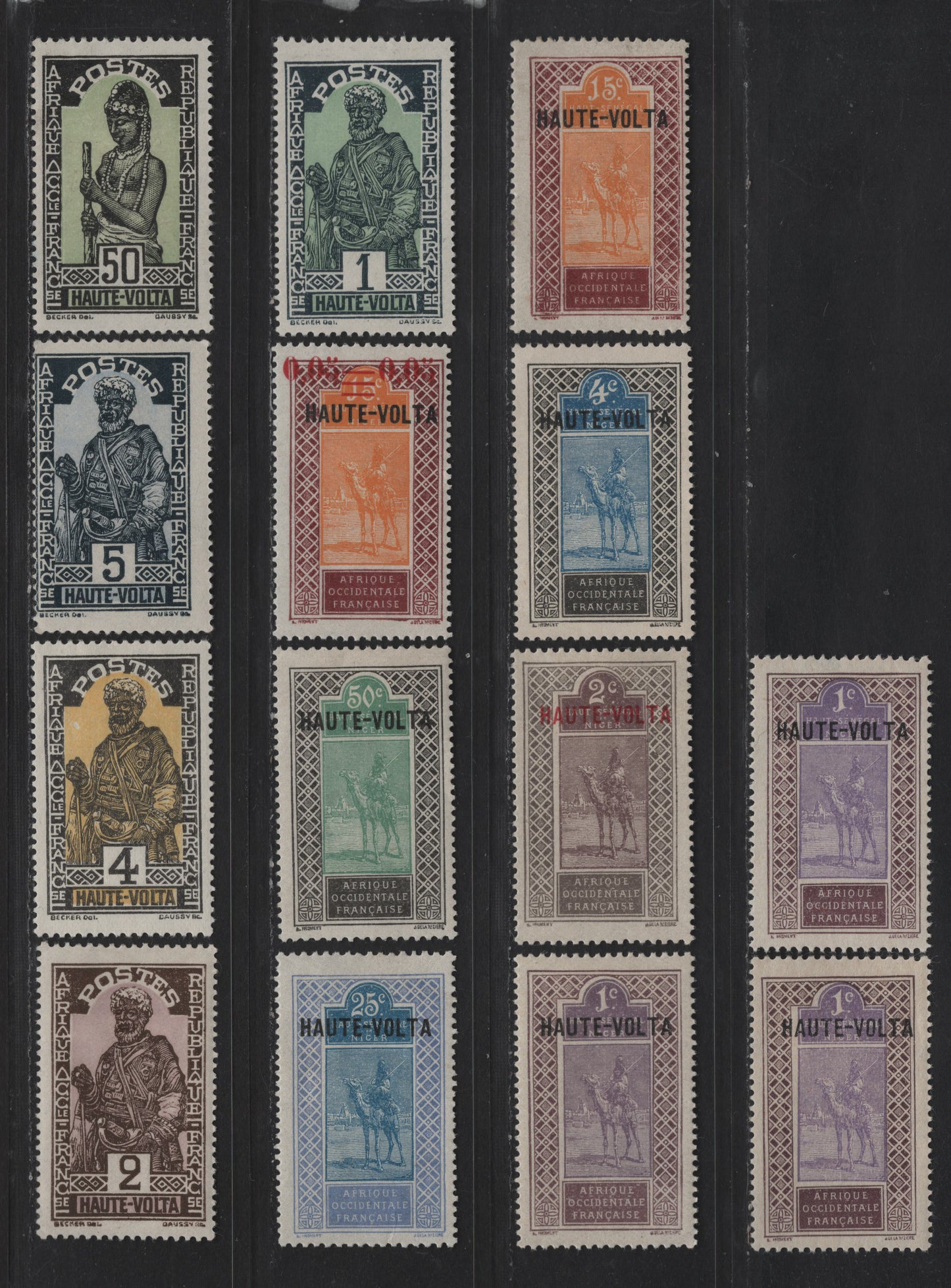 Lot 158 Upper Volta SC#1-4, 9, 11, 20, 31, 43-46, 54 1c - 50c Brown Violet & Violet - Black & Green Women - Hausa Woman, 1920-1928 Upper Volta Overptints & Native Figure Issues, 14 F/VFOG Singles