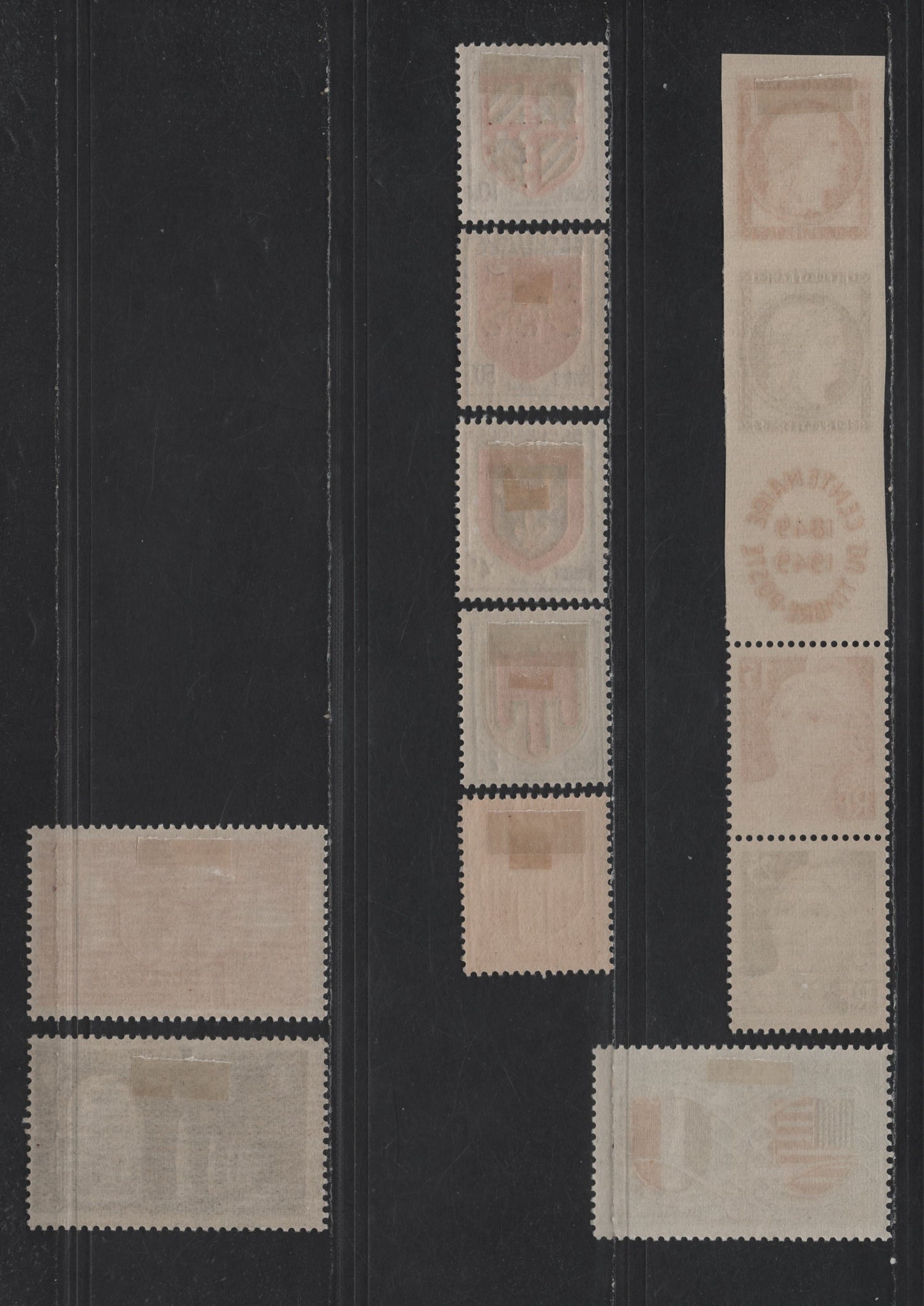 Lot 234 France SC#615a-616-623 15fr - 25fr Red - Deep Ultramarine Marianne - Cloister of St. Wandrille Abbey, 1949 Postage Stamp Centenary - Wandrille Abbey Issues, 9 F/VFOG Singles & Strip Of 5