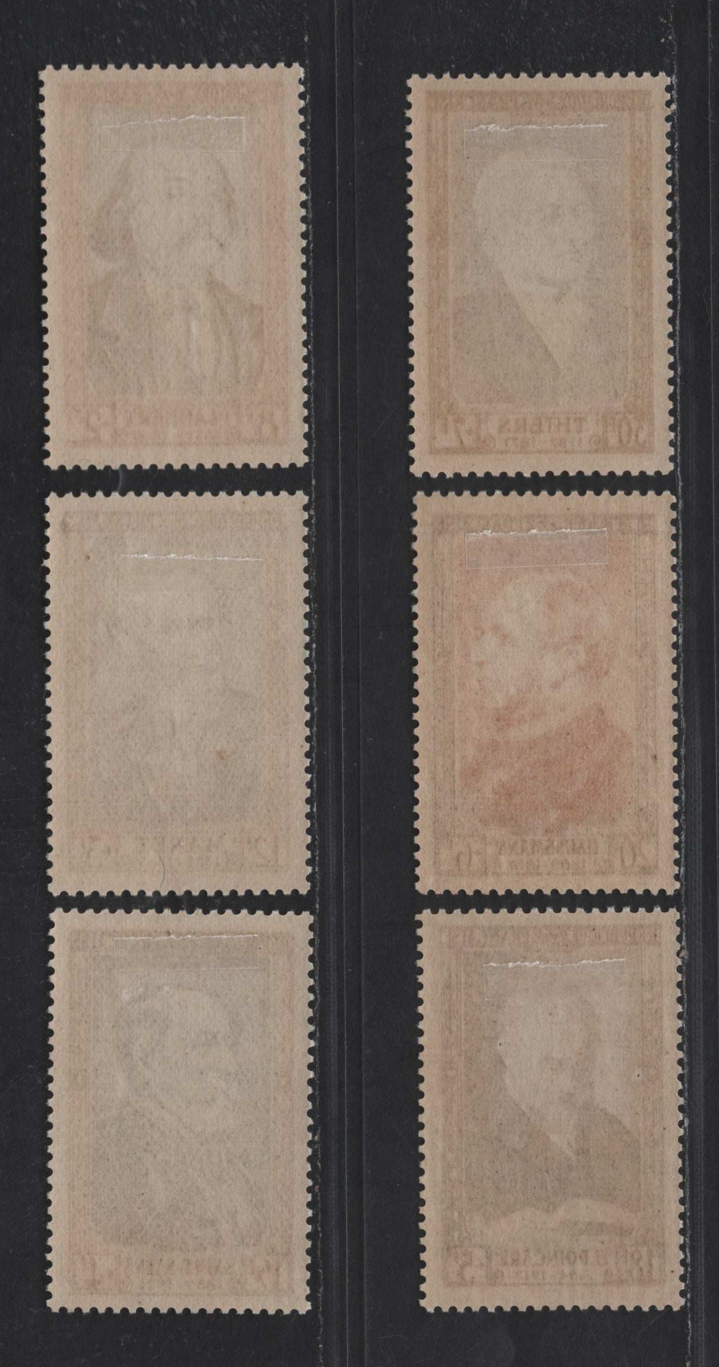 Lot 245 France SC#B267-B272 8fr+2fr - 30fr+7fr Indigo - Purple Gustave Flaubert - Adolphe Thiers, 1952 Portraits Semi Postal Issue, 6 VFOG Singles, DF & HB Papers