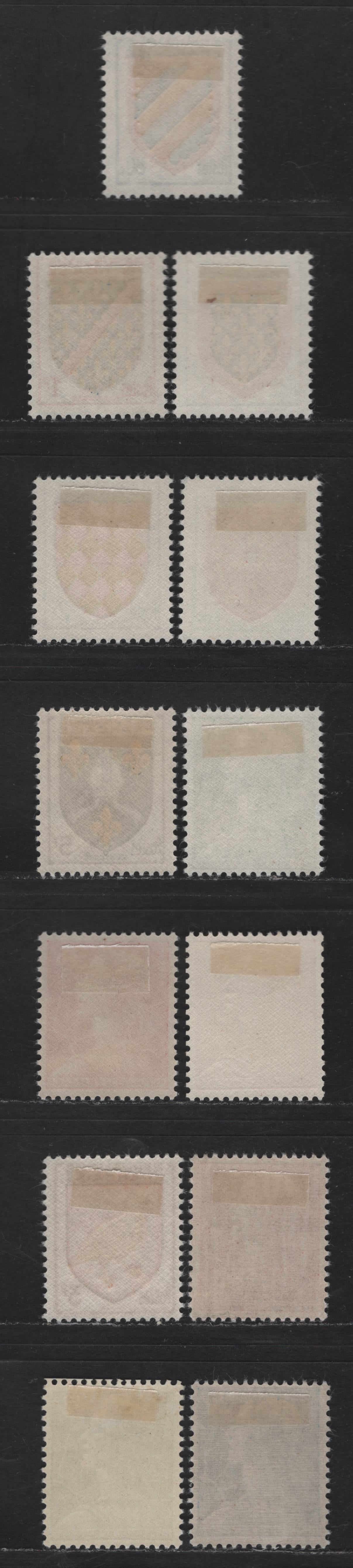 Lot 254 France SC#733-739, 751-756 50c - 25fr Multicolored - Rose Red Arms & Marianne, 1954-1959 Pictorial Issues, 13 VFOG Singles, DF, LF, MF & HB Papers