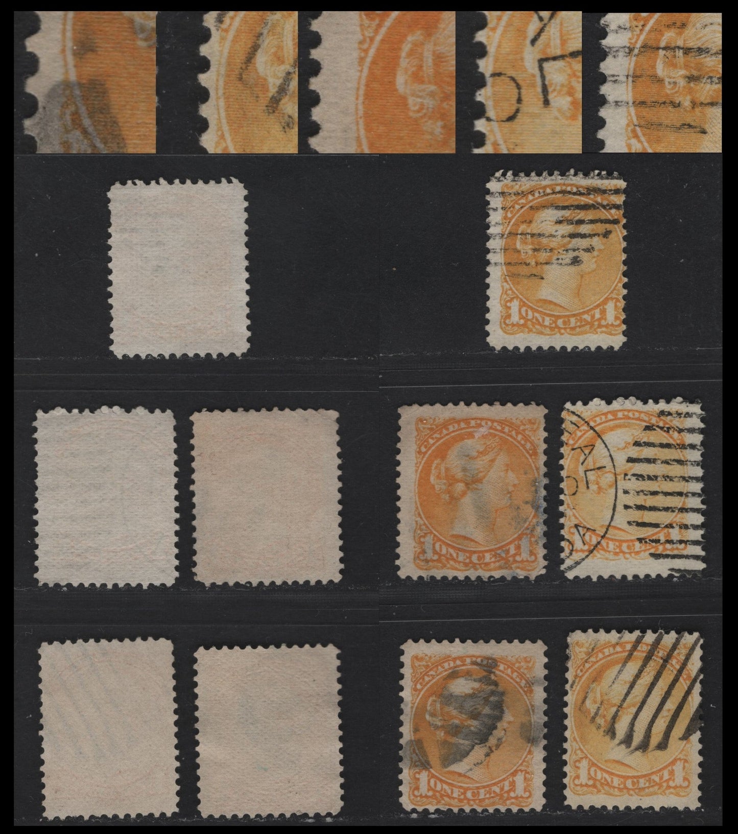 Lot 26 Canada #35i 1c Yellow Queen Victoria, 1870-1893 Small Queen Issue, 5 Very Good/Fine Used Singles, Late Montreal Printings, LM-D, LM-F & LM-A Papers, Medallion Dot At 9 O'Clock