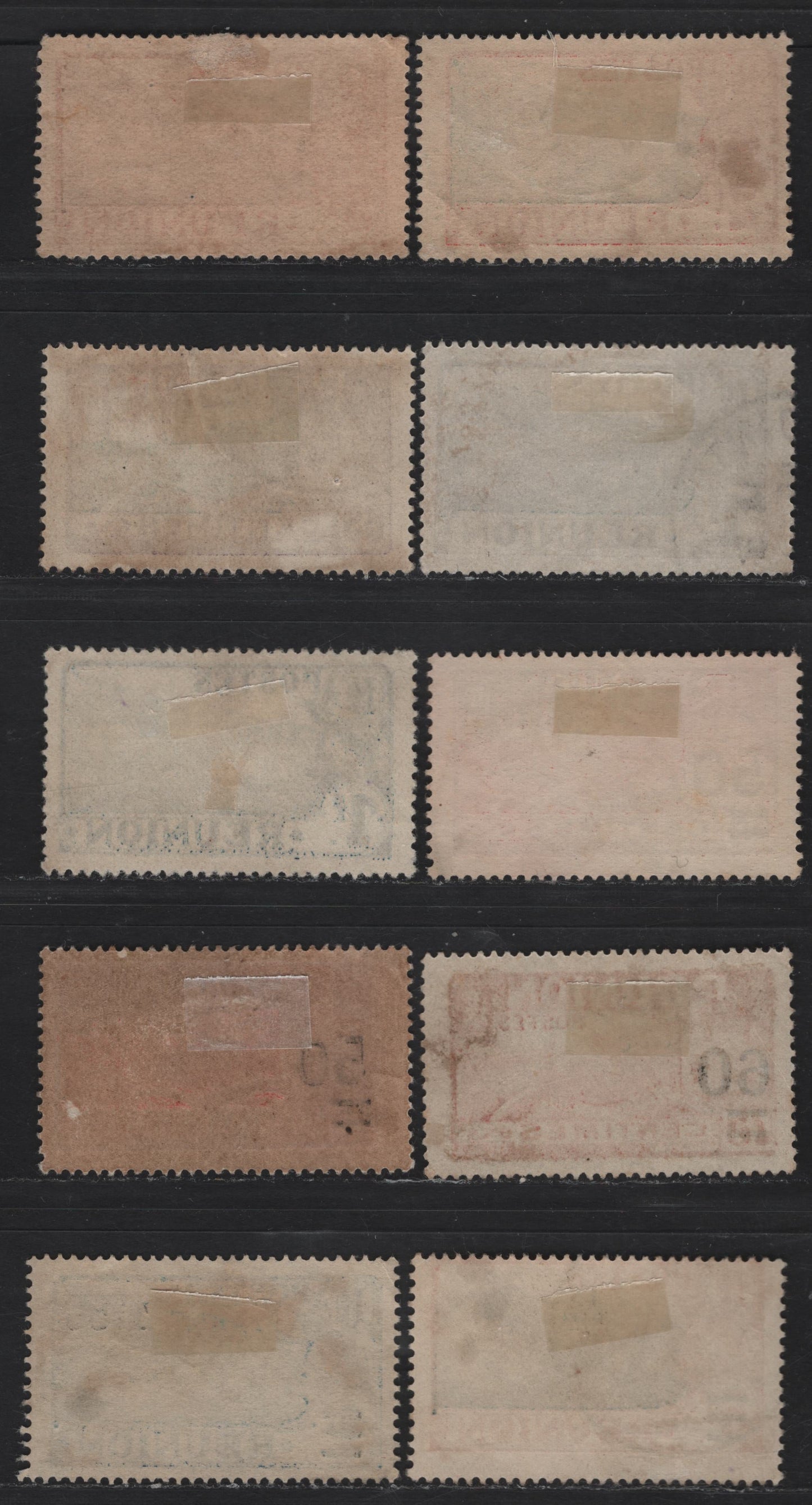 Lot 80 Reunion SC#87, 91-92, 96, 98, 109, 111, 118-119 65c - 3f on 5f Violet & Light Blue - Dull Red & Light Blue Coat of Arms - View of St. Pierre, 1907-1930 Pictorial Definitives & Surcharge Issues, 10 Fine/Very Fine Used Singles