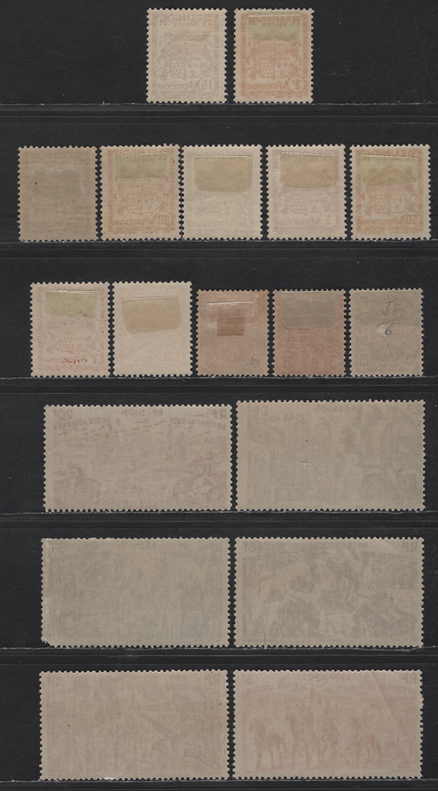 Lot 85 Reunion SC#C26-C31, J6, J8, J16-J22, J24-J25 5fr - 3fr Orange - Carmine Chad to Rhine - Arms of Reunion, 1933-1946 Airmail & Postage Due Issues, 18 VFOG Singles