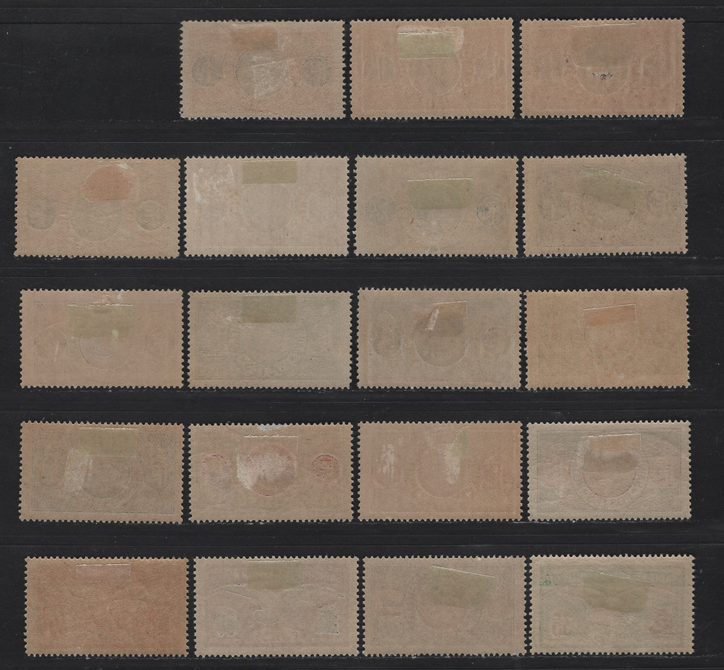 Lot 88 St Pierre & Miquelon SC#79-83, 85-86A, 91-92, 94. 121 1c - 35c Orange Red & Olive - Olive Green & Violet Brown Fisherman - Fulmar Petrel, 1909-1930 Pictorial Definitive Issue, 19 F/VFOG Singles, Extra Shades