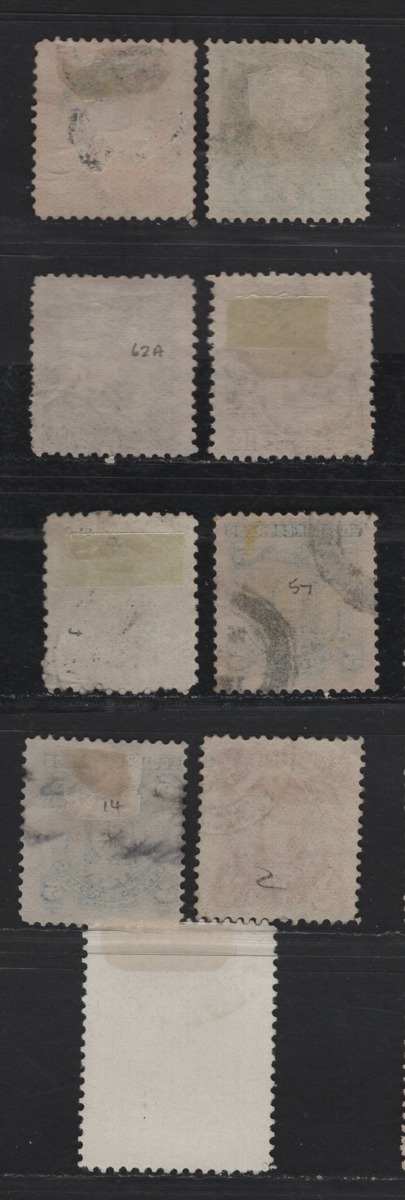 Lot 77 Ecuador SC#9, 13-14, 19-20, 55, 57-58, 68 1/r - 50c Blue - Violet Arms - Success Of The Liberal Party, 1872-1896 Arms - Success Of The Liberal Party Issues, 9 Fine/Very Fine Used Singles