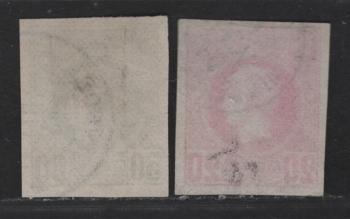 Greece SC#68, 71 20l - 50l Carmine Rose - Gray Green Hermes Head, 1886-1888 Small Hermes Head Issue, 2 Very Fine Used Imperf Singles, Belgian Printing
