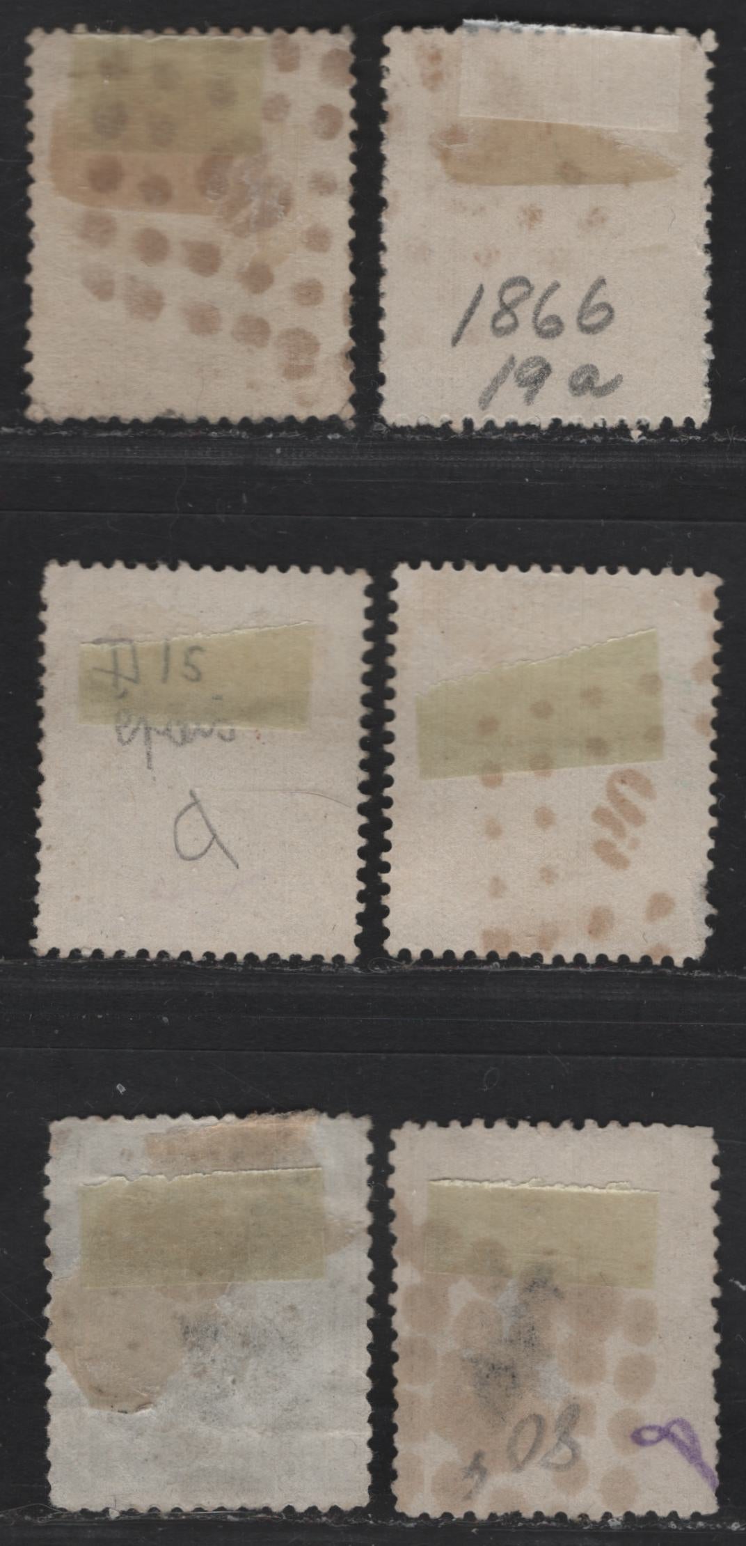 Lot 17 Belgium SC#18-a, 19-a, 20a 10c - 30c Slate - Brown Leopold I, 1865-1866 Surface Printed Leopold Sidefaces Issue, 6 Very Good/Fine Used Singles, Perfs 15 & 14.5x14