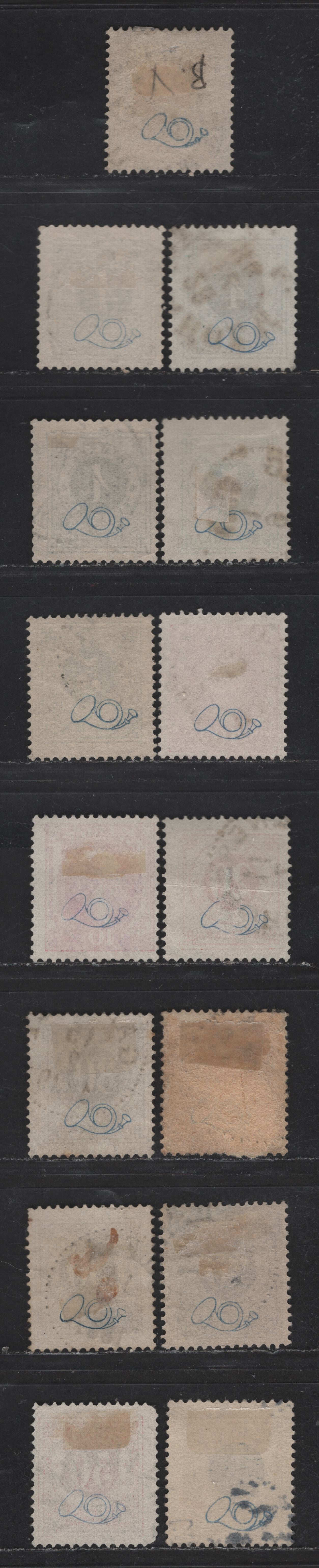 Sweden SC#40, 42-43, 45-a, 46-49 2o - 1k Orange - Bister & Dark Blue Numeral, 1886-1891 Numeral Issue With Posthorn On Back, 15 Fine Used Singles, Includes Several Shades