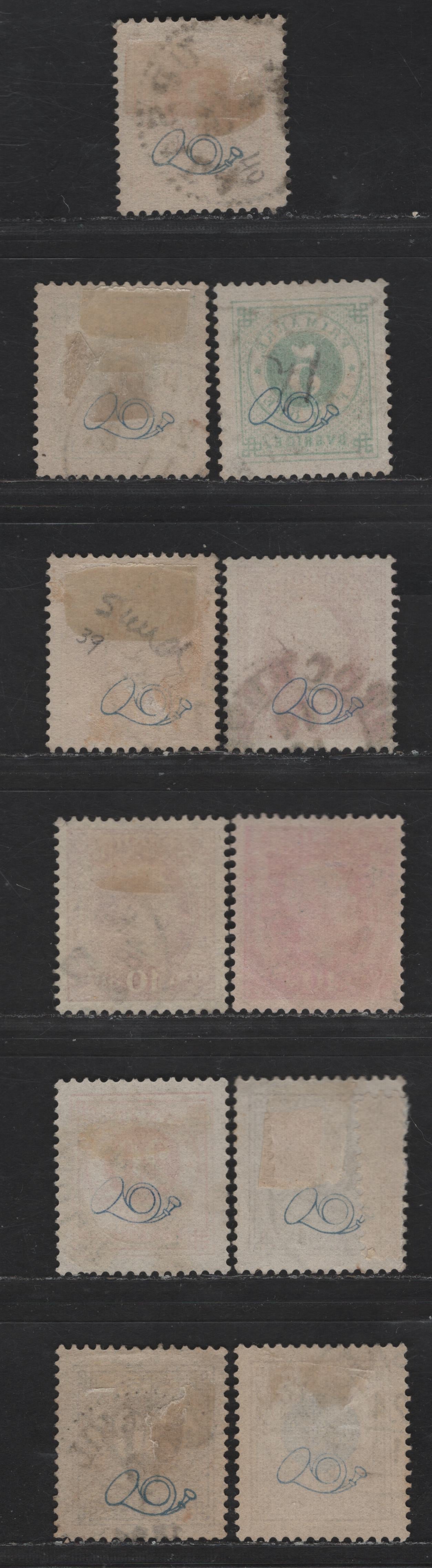 Lot 243 Sweden SC#40, 43, 45-a, 46-47, 49 2o - 1k Orange - Bistre & Dark Blue Numeral, 1886-1891 Numeral Issue With Posthorn On Back, 11 Very Fine Used Singles