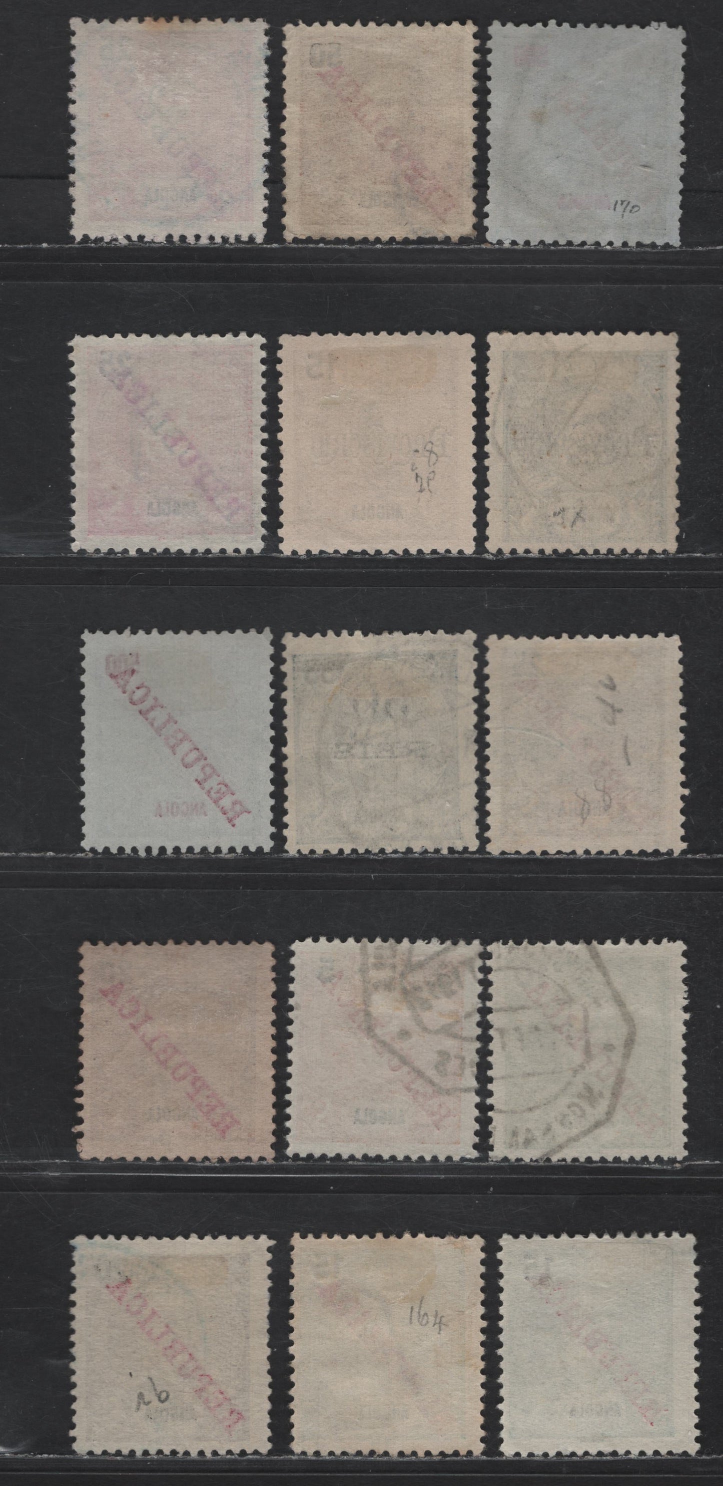 Lot 208 Angola SC#83-84, 87-84, 101 15r - 500r Brown - Black & Red On Blue Provisorio & Republica Overprints, 1902 Overprinted Issue, 15 Fine/Very Fine Used Singles, Shade Variations