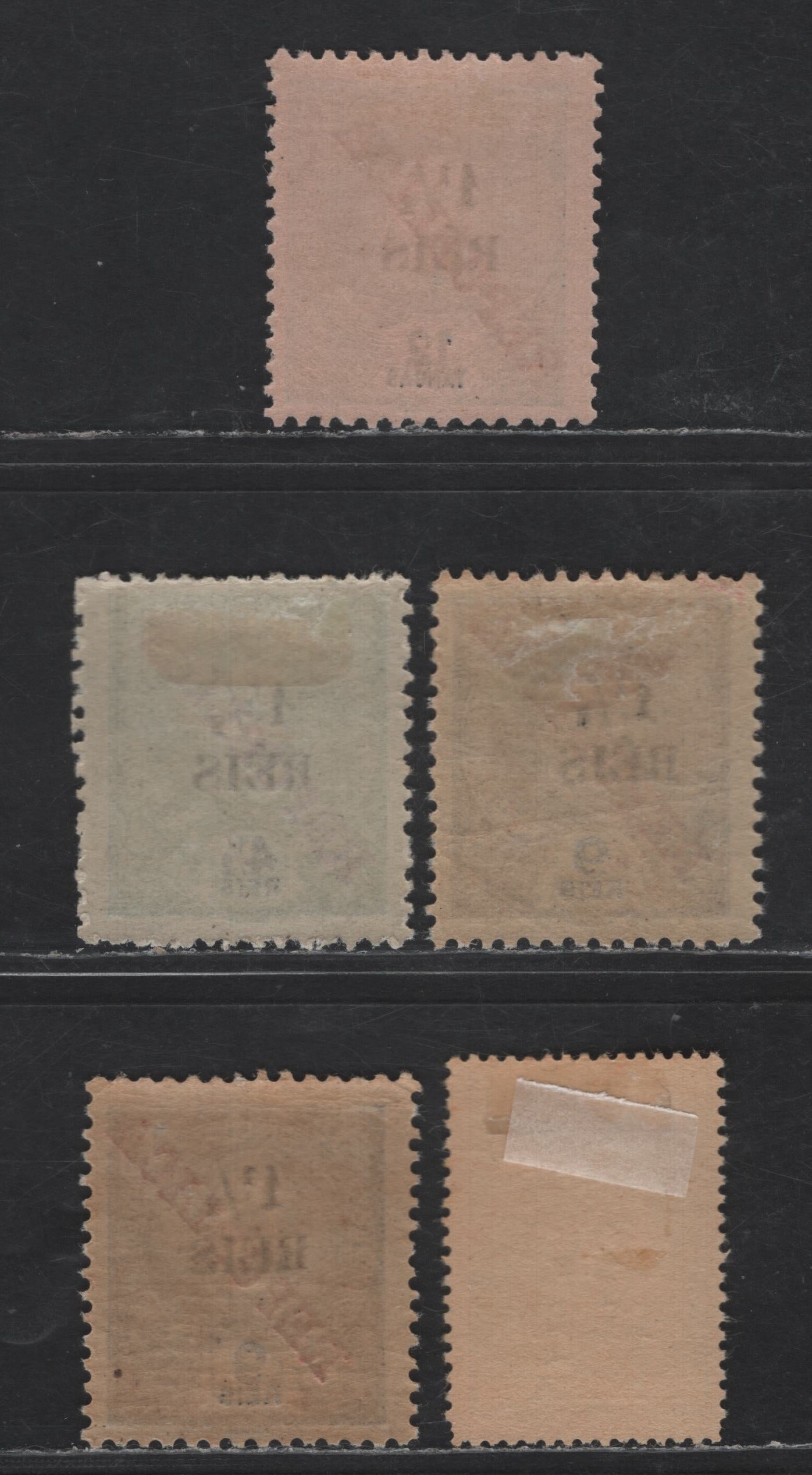 Lot 281 Portuguese India SC#378b, 376b, 377b, 400b 1.5r on 4.5r - 1.5r on 2r Green - Black King Carlos, 1914-1922 Surcharged Issues, 5 F/VFOG Singles, Chalky Paper, Type III Surcharges