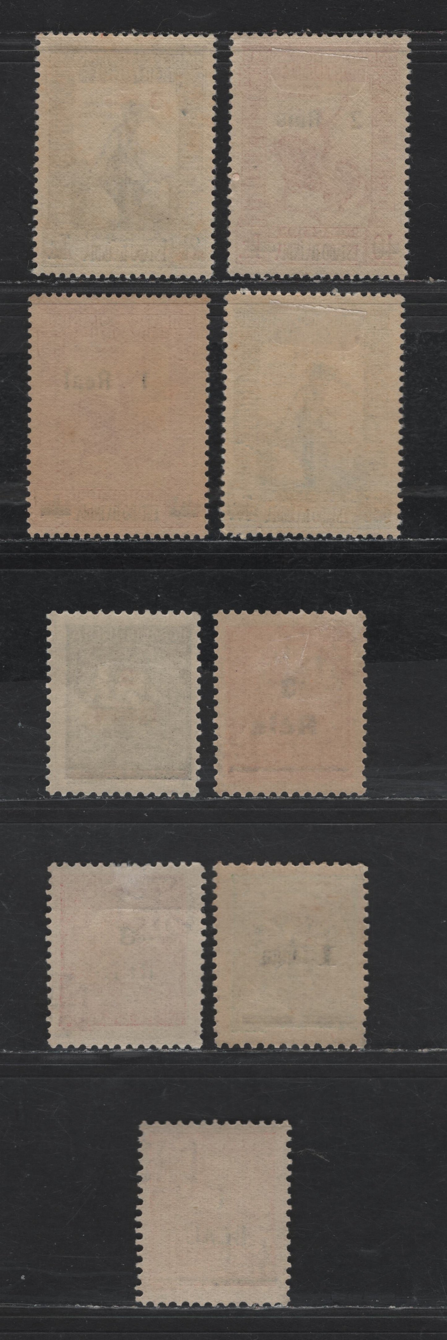 Lot 290 Portuguese India SC#457-458, 460-462, 492-495 1t on 5rp - 3r on 2.5t Apple Green - Blue Figures, 1941-1950 Surcharged Issue, 9 F/VFOG Singles, #460 Was Issued Without Gum