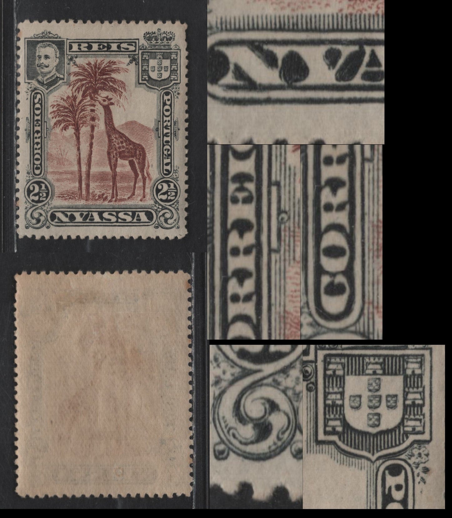 Nyassa SC#26var 2.5r Red Brown & Black Giraffe, 1901 Pictorial Issue, A VFOG Single, Major Re-Entry , Doubling of 'NY' of Nyassa, Small Arms In Coat of Arms Frameline & Ornament Above Correios