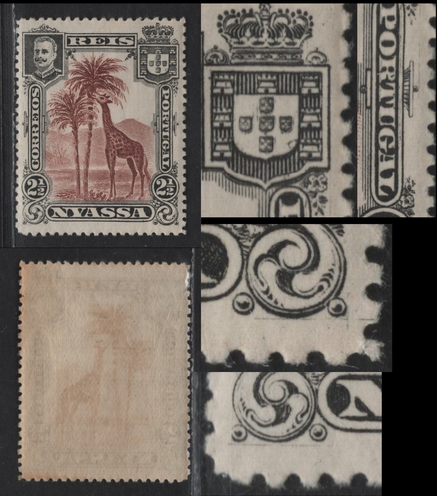 Nyassa SC#26var 2.5r Red Brown & Black Giraffe, 1901 Pictorial Issue, A VFOG Single, Major Re-Entry , Doubling Of Portugal & Guideline On Right Ornament