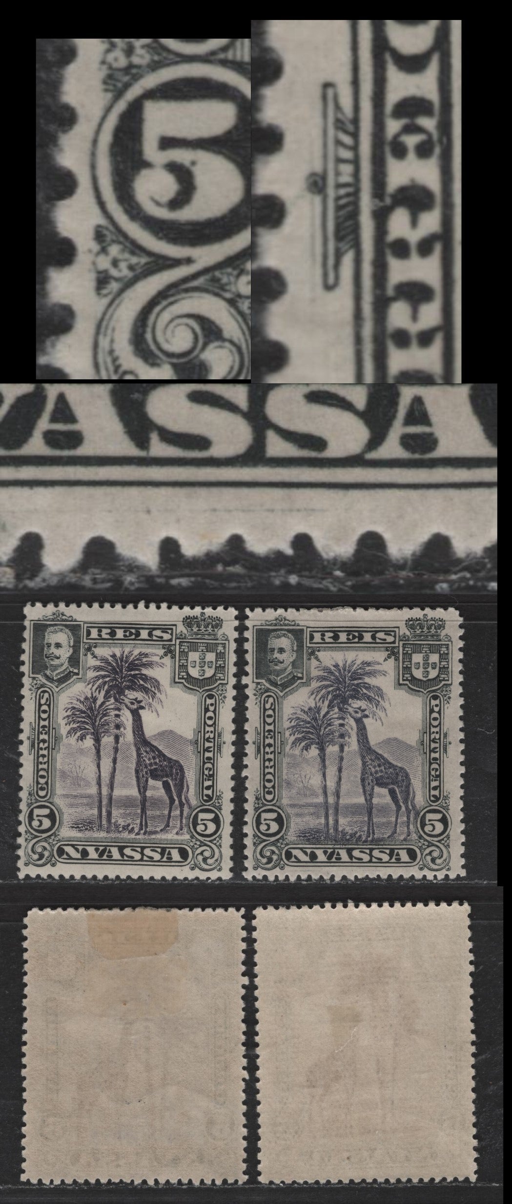 Lot 188 Nyassa SC#27var 5r Black & Violet Giraffe, 1901 Pictorial Issue, 2 VFOG Singles, Vertical Scratches In Left Margin & Bottom Margin