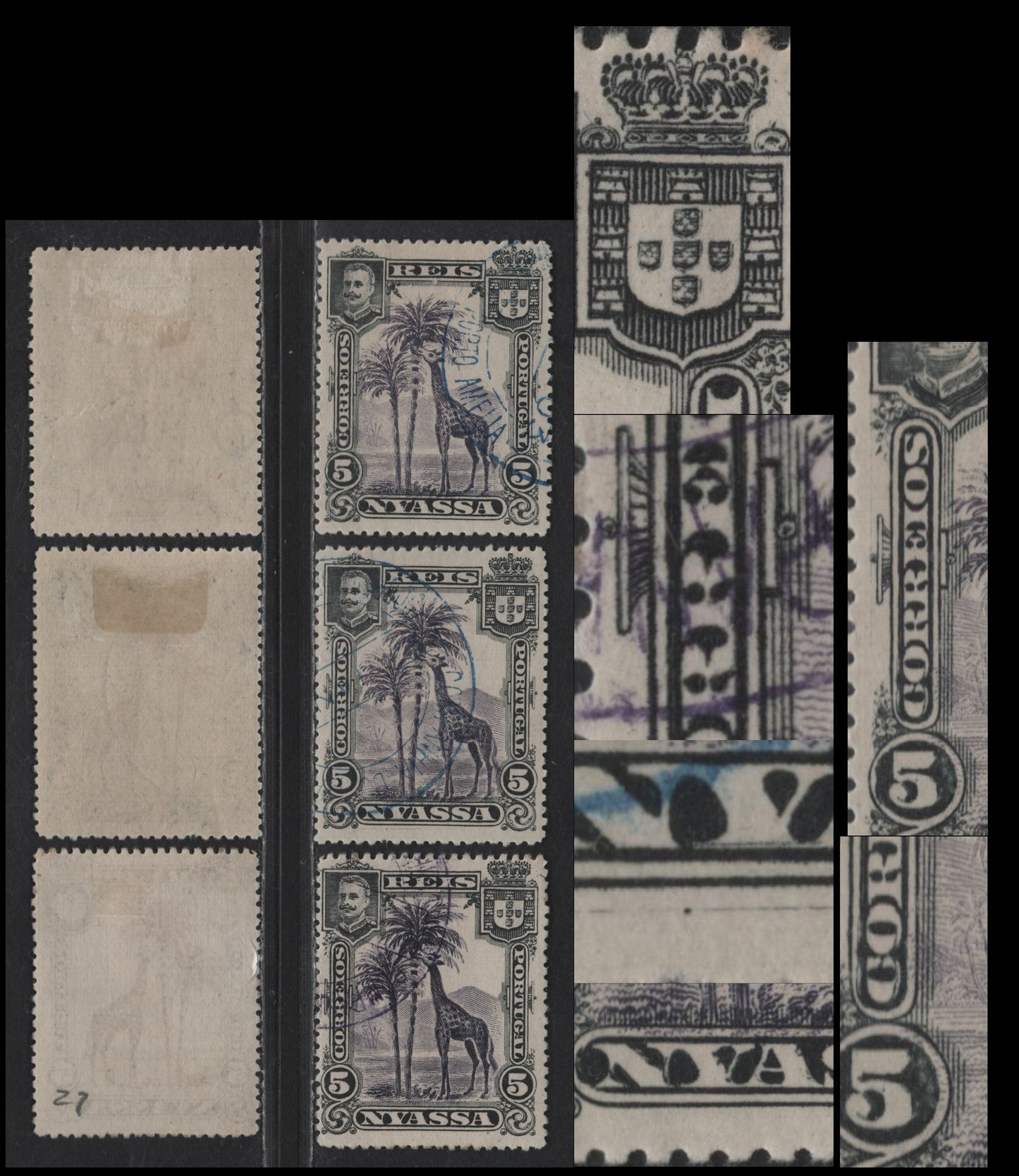 Nyassa SC#27var 5r Black & Violet Giraffe, 1901 Pictorial Issue, 3 Very Fine Used Singles, Minor To major Re-Entries Showing Doubling In The Areas Indicated