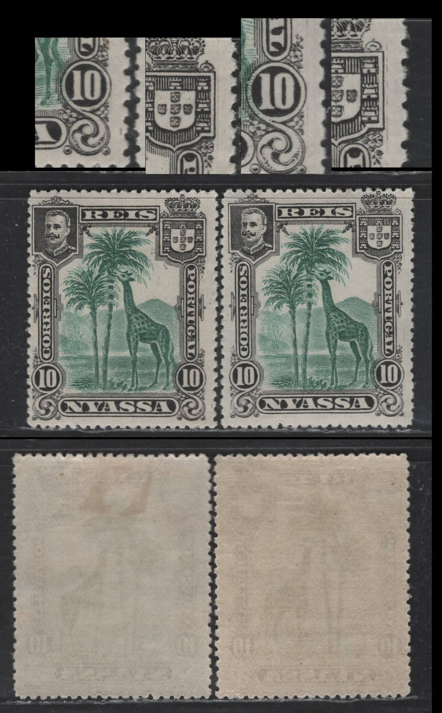 Nyassa SC#28var 10r Black & Green Giraffe, 1901 Pictorial Issue, 2 F/VFOG Singles, Vertical Scratches In Right Margin