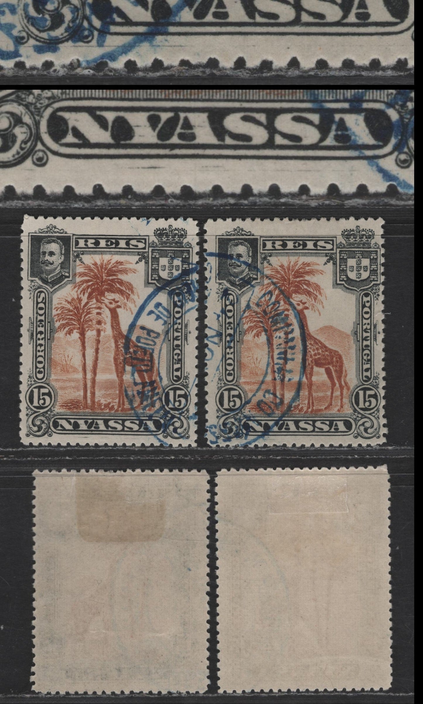 Nyassa SC#29var 15r Black & Orange Brown Giraffe, 1901 Pictorial Issue, 2 Very Fine Used Singles, Perf 14, Showing Misplaced Entries In Nyassa & Horizontal Scratch In Lower Margin