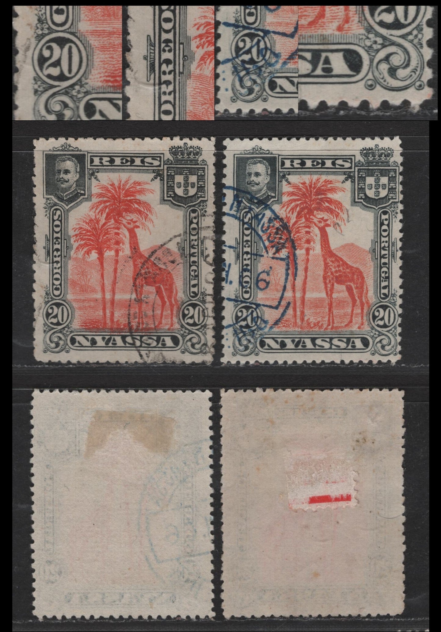 Lot 206 Nyassa SC#30var 20r Orange Red & Black Giraffe, 1901 Pictorial Issue, A Fine/Very Fine Used Singles, Perf 14, Scratches In Margins as Indicated