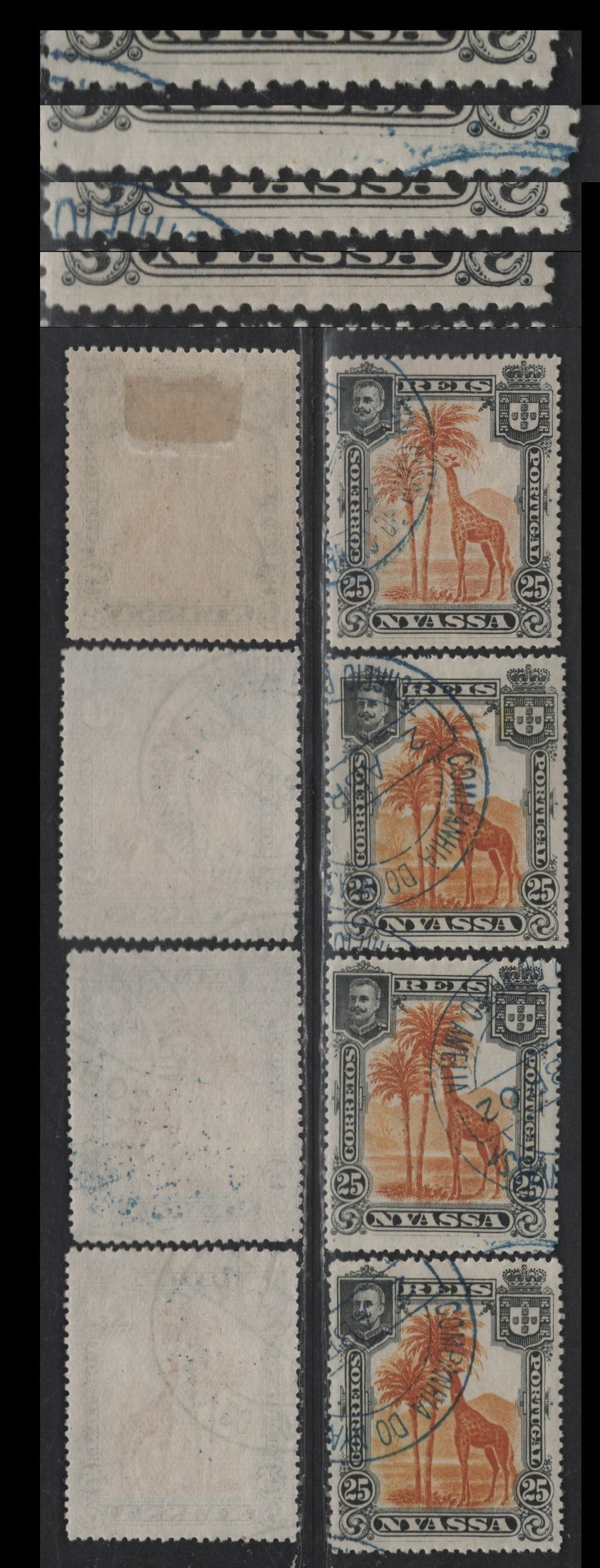 Lot 211 Nyassa SC#31var 25r Black & Orange Giraffe, 1901 Pictorial Issue, 4 Very Fine Used Singles, Perfs 14.5, 14.75, 14.5x14.75 & 15x14.75, Showing Large Horizontal Scratch In Lower Margin