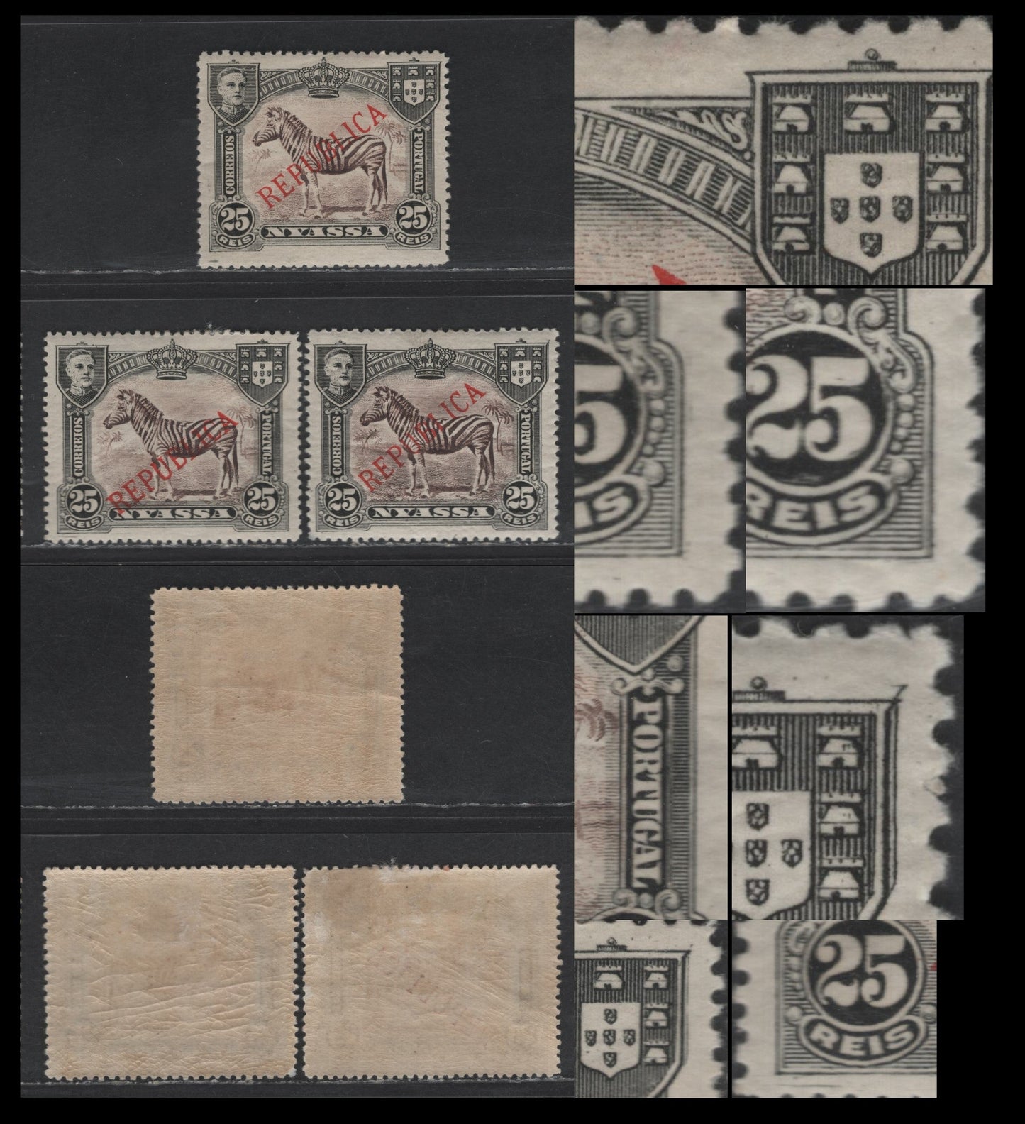 Nyassa SC#55var 25r Black & Violet Brown Zebras, 1911 Republica Overprinted Issue, 3 VFOG Singles, Perfs 15 & 14.25, Re-Entries