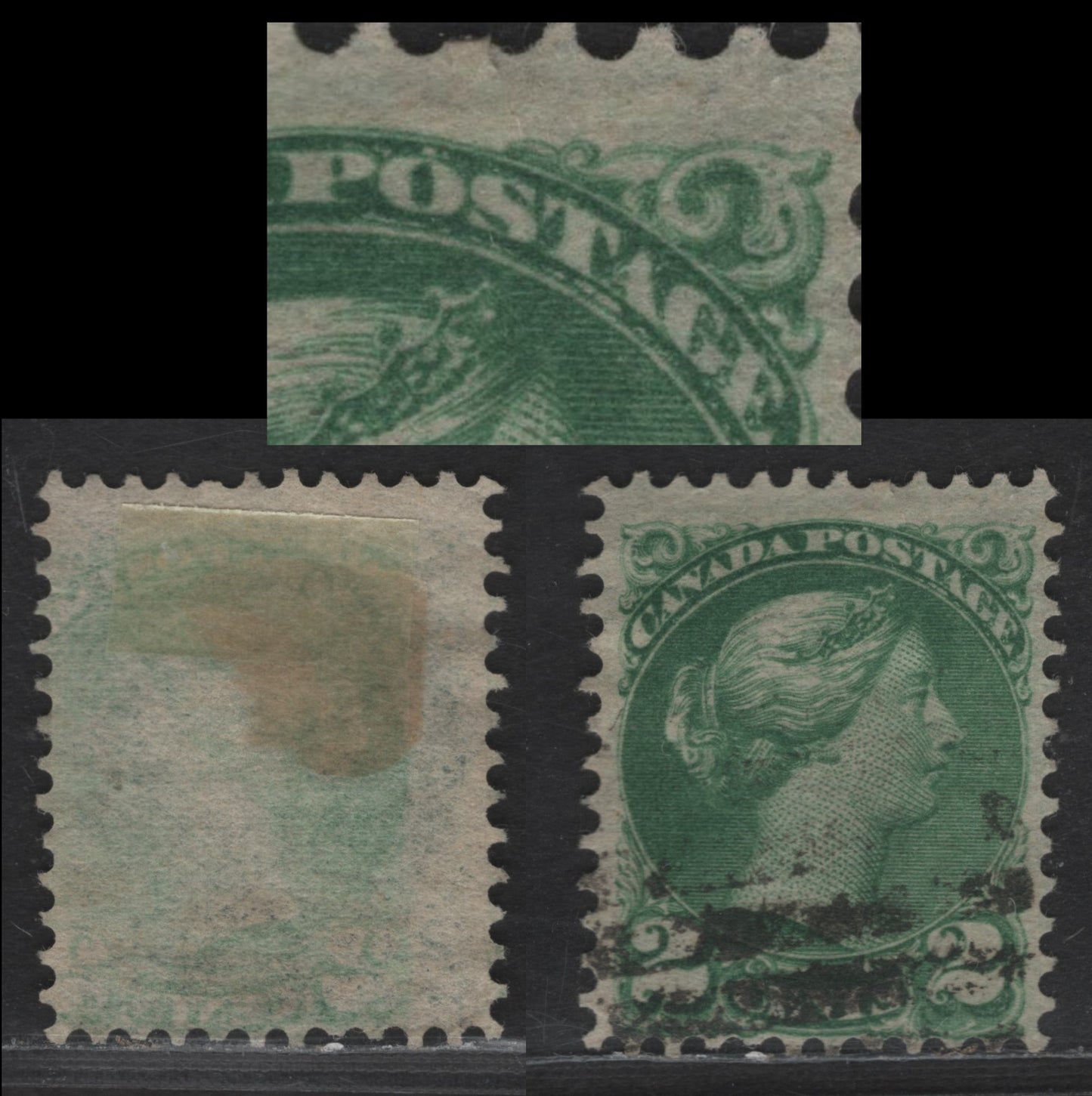 Lot 363 Canada SC#36ivar 2c Dull Green Queen Victoria, 1870-1893 Small Queen Issue, A Fine Used Single, Mid Second Ottawa Printing, Paper 2O-N, Perf 12x12.1, Dry Inking Above & Below Postage