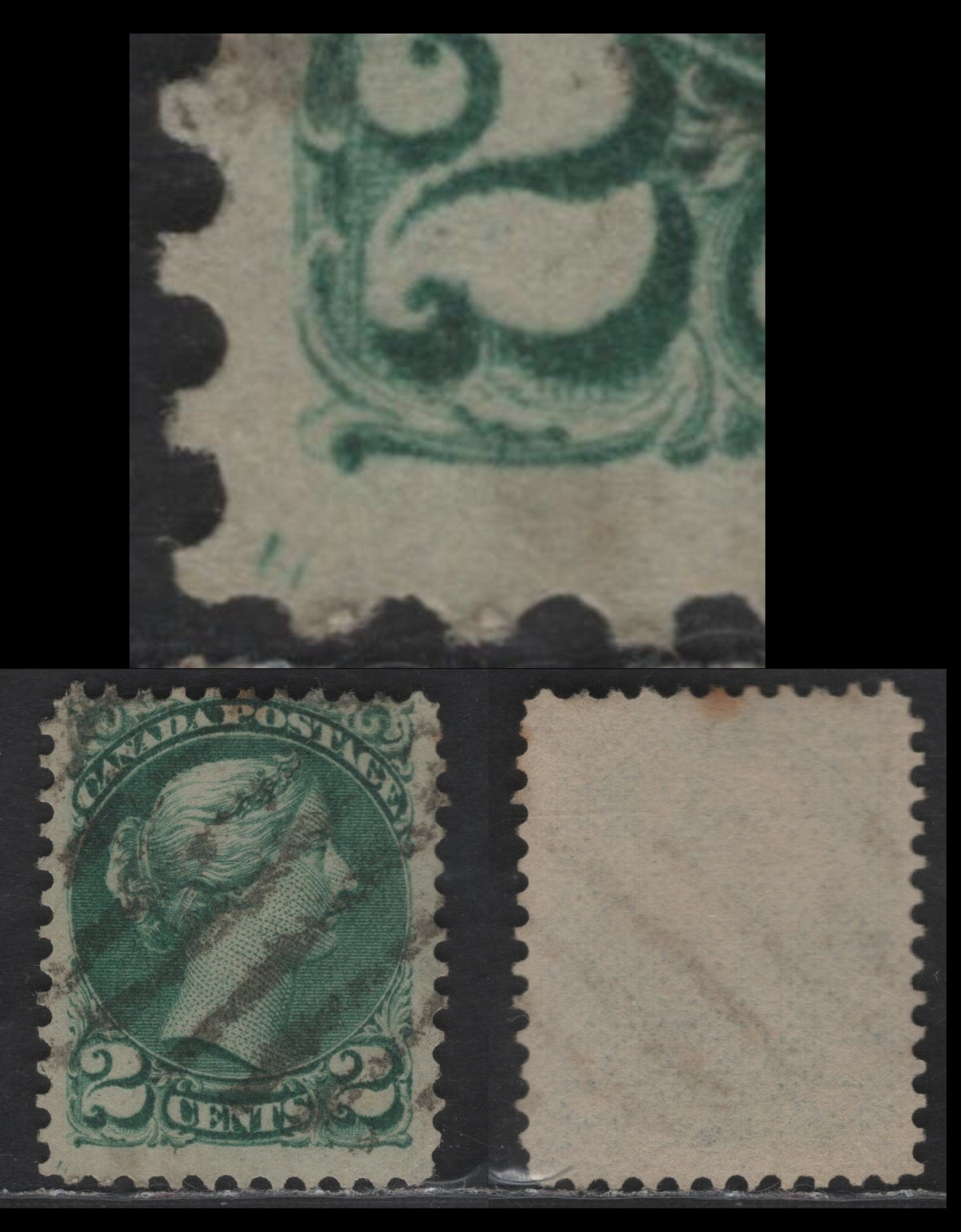 Lot 367 Canada SC#36ii 2c Deep Bluish Green Queen Victoria, 1870-1893 Small Queen Issue, A Very Good Used Single, Late Montreal Printing, Paper LM-D, Perf 12.1x12, Showing Two Diagonal Slashes In LL Margin