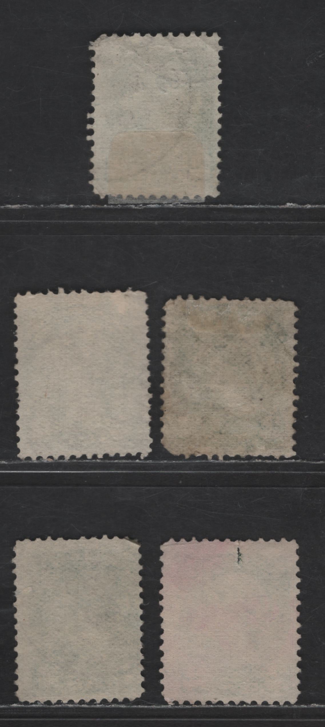 Lot 389 Canada SC#36i, 36ii 2c Green & Bluish Green Queen Victoria, 1870-1893 Small Queen Issue, 5 Ungraded Singles, Early Second Ottawa Printings, 1890 & 1891 Dated Cancels, Couple of Faults, Unchecked As To Paper