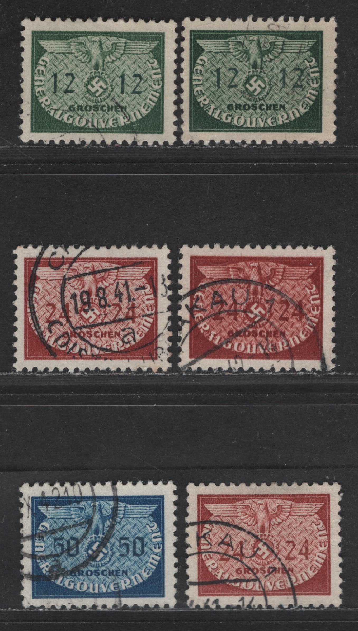 Lot 157 Poland - German Occupation SC#NO19,NO21, NO24 12g - 50g Slate Green -RoyalBlue Eagle & Swastika, 1940 Small Sized Eagle & Swastika Official Issue, 6 Very Fine Used Singles, Shade Variations