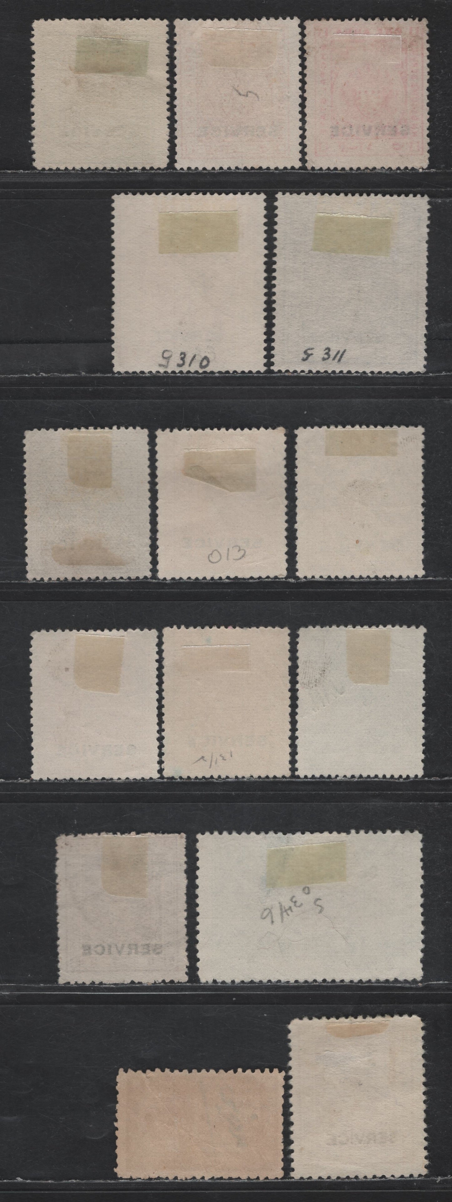 Lot 202 India - Bhopal SG#O301-O302,c, O303, O310-O311, O313b, O314-O317,O336, O348d, O333 1/2a - 2a Yellow Green - Mauve Arms, 1908-1911 Engraved Arms With Service Overprinted - Moti Masjid Official Issues, 14 Fine/Very Fine Used Singles
